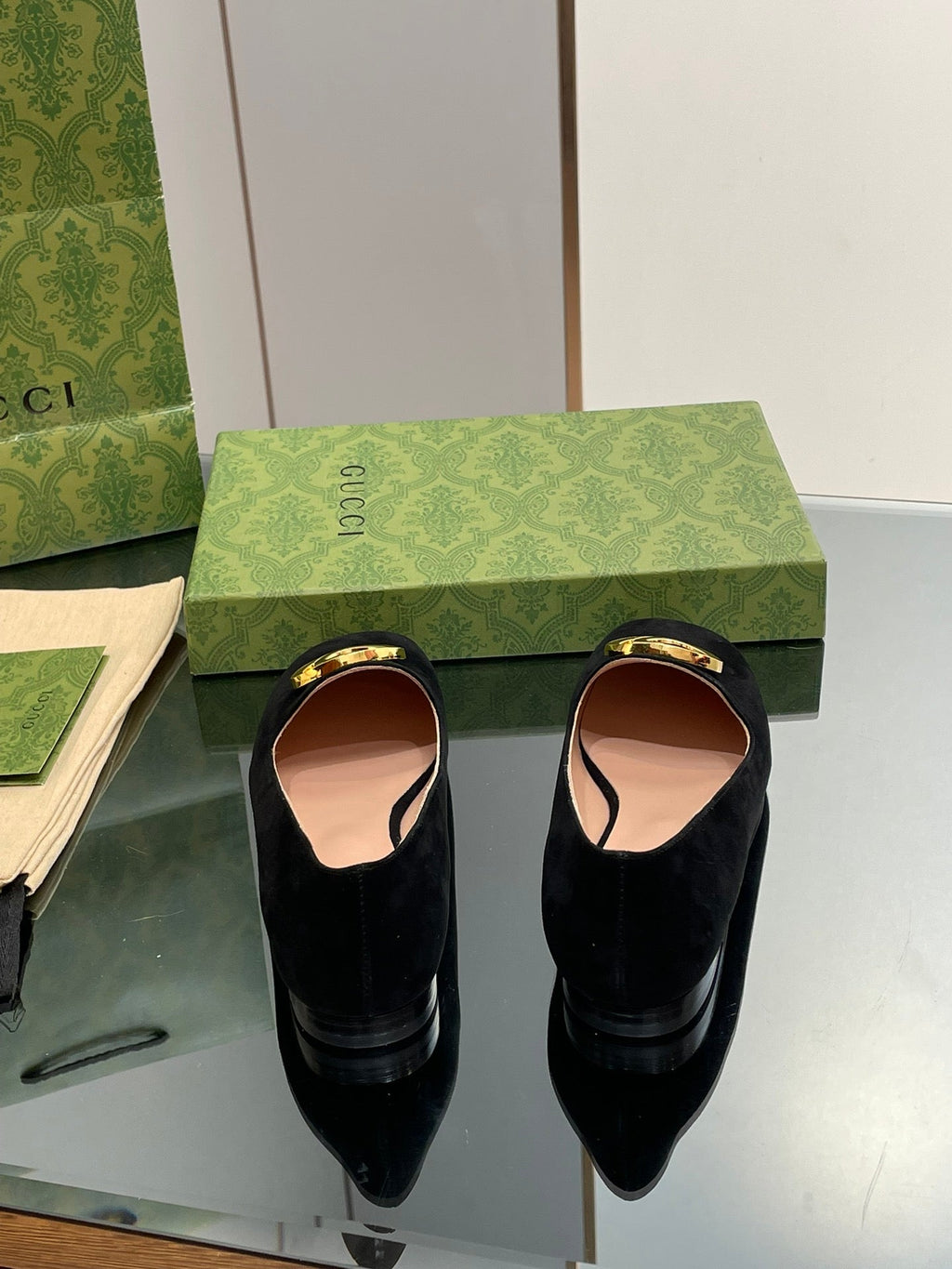 GUCCI BLONDIE LOGO-PLAQUE LOAFERS IN BLACK SUEDE WITH GOLD HARDWARE