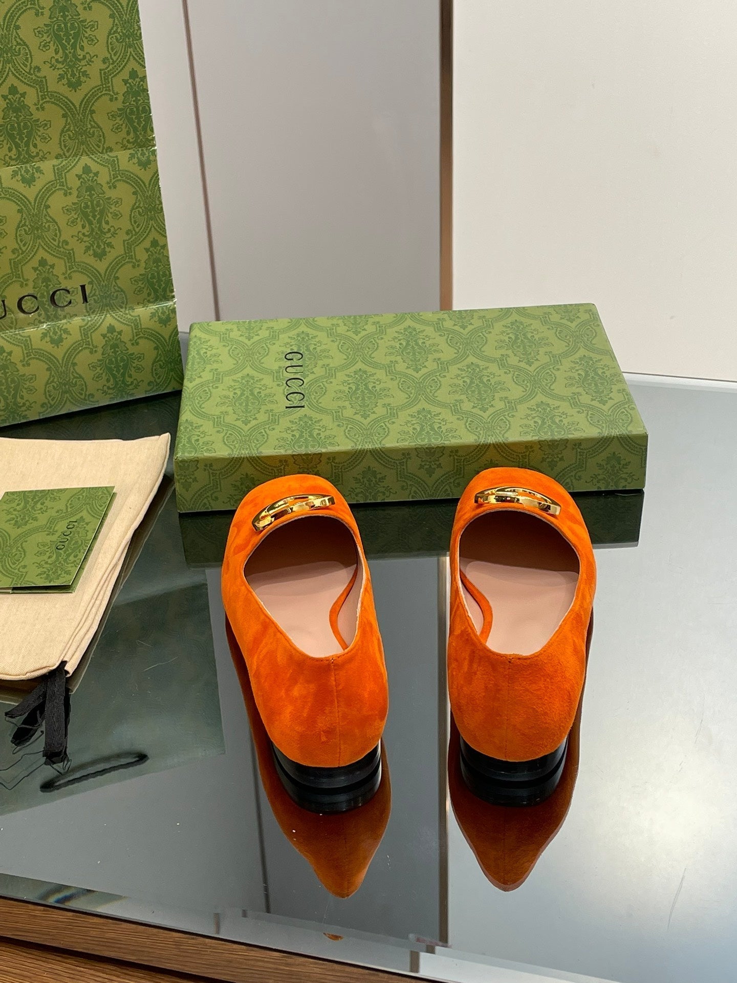 GUCCI BLONDIE LOGO-PLAQUE LOAFERS IN TIGER ORANGE SUEDE WITH GOLD HARDWARE