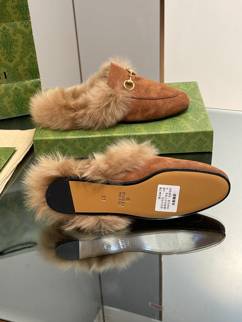 GUCCI HORSEBIT MULE IN BRONZE BROWN SUEDE AND LAMB WOOL LINING