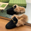 GUCCI HORSEBIT MULE IN BLACK SUEDE AND LAMB WOOL LINING