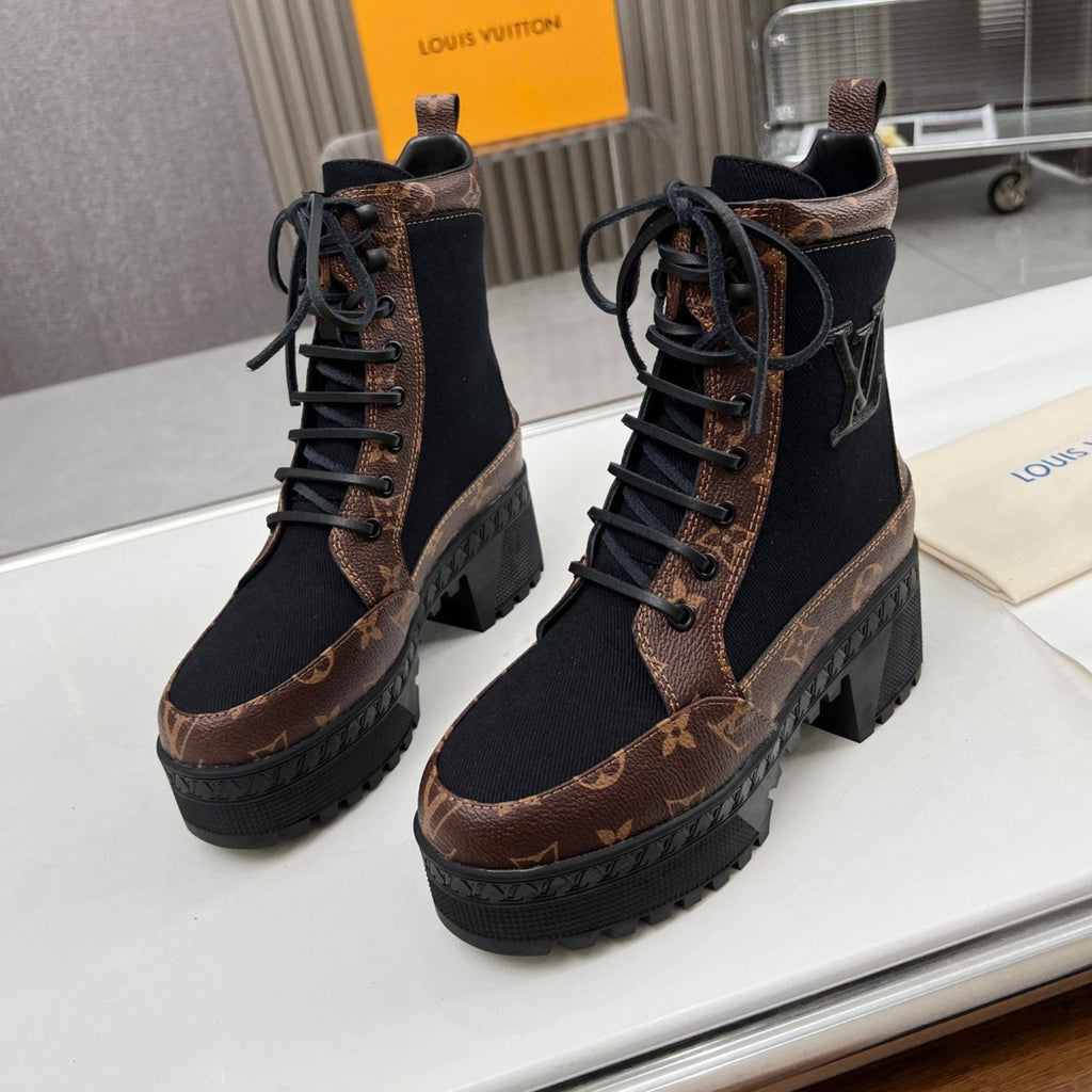 LOUIS VUITTON LAUREATE PLATFORM DESERT BOOT IN BLACK JACQUARD AND CHOCOLATE BROWN CALFSKIN