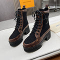 LOUIS VUITTON LAUREATE PLATFORM DESERT BOOT IN BLACK JACQUARD AND CHOCOLATE BROWN CALFSKIN