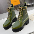 LOUIS VUITTON LAUREATE PLATFORM DESERT BOOT IN DARK OLIVE GREEN JACQUARD AND CALFSKIN