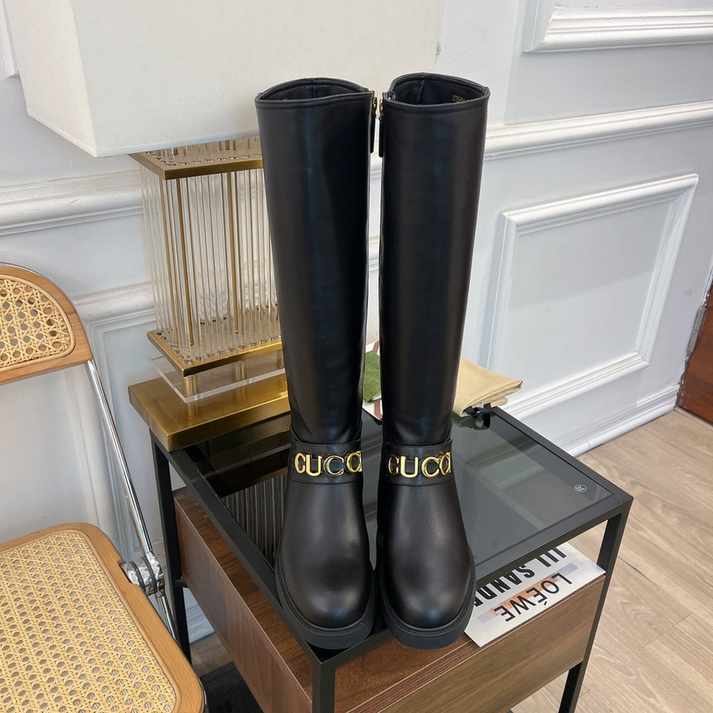 GUCCI CLASSIC LOGO KNEE HIGH BOOTS IN BLACK CALFSKIN