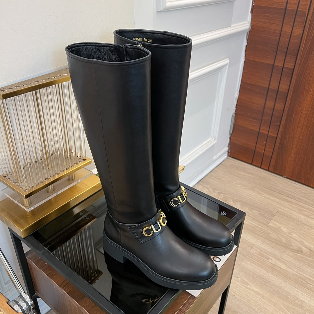 GUCCI CLASSIC LOGO KNEE HIGH BOOTS IN BLACK CALFSKIN