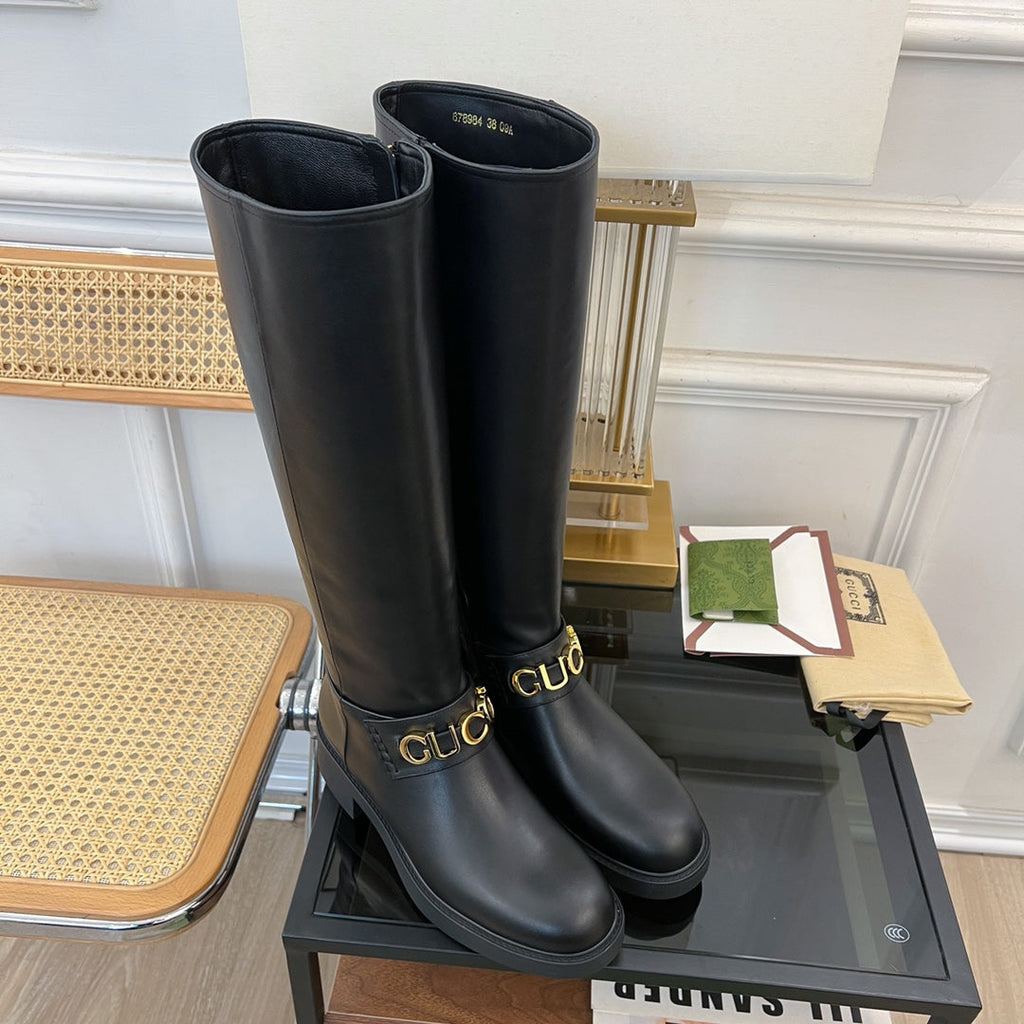 GUCCI CLASSIC LOGO KNEE HIGH BOOTS IN BLACK CALFSKIN