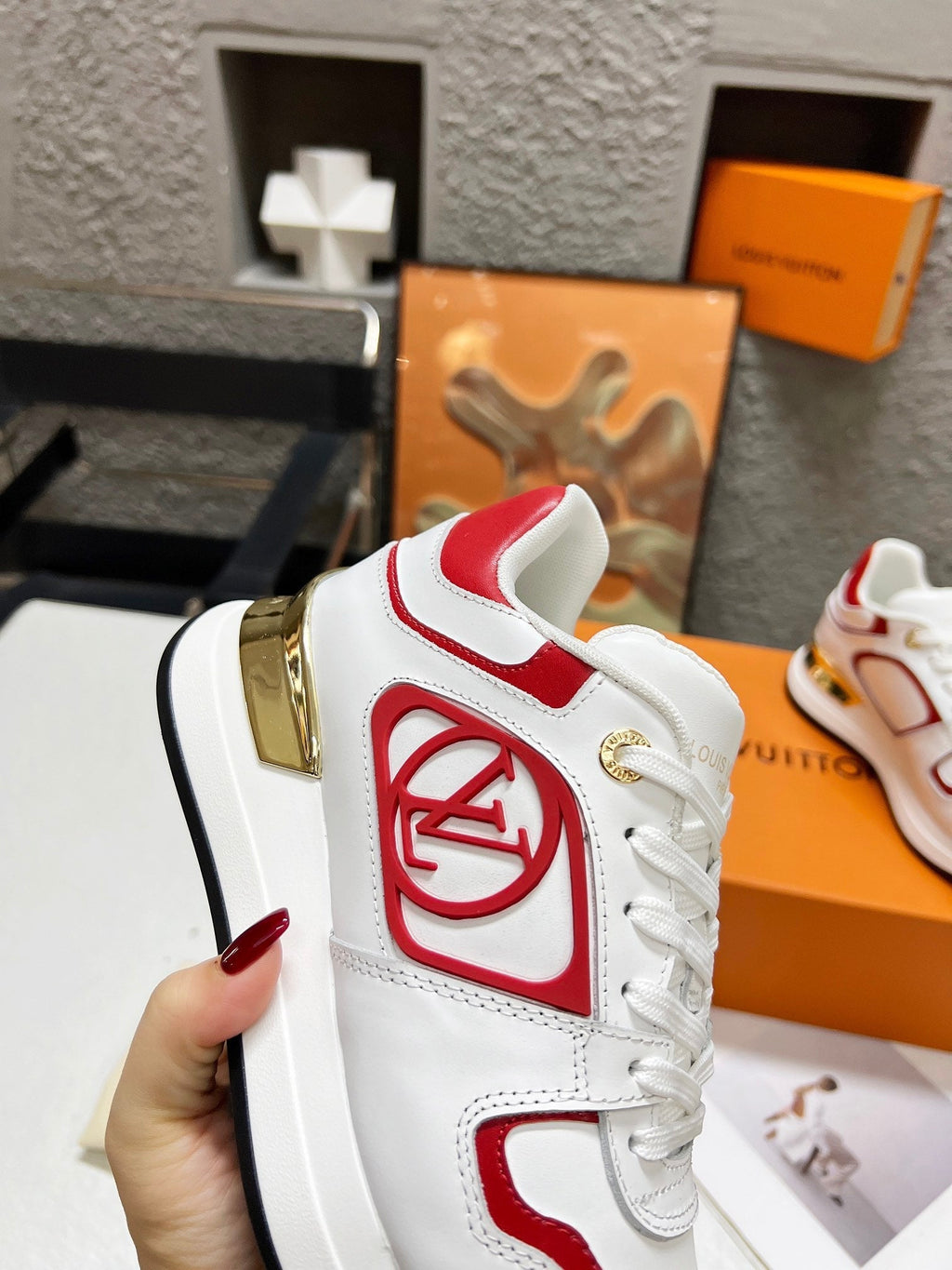 LOUIS VUITTON LV WOMEN SNEAKER IN WHITE MIX CHERRY RED CALFSKIN