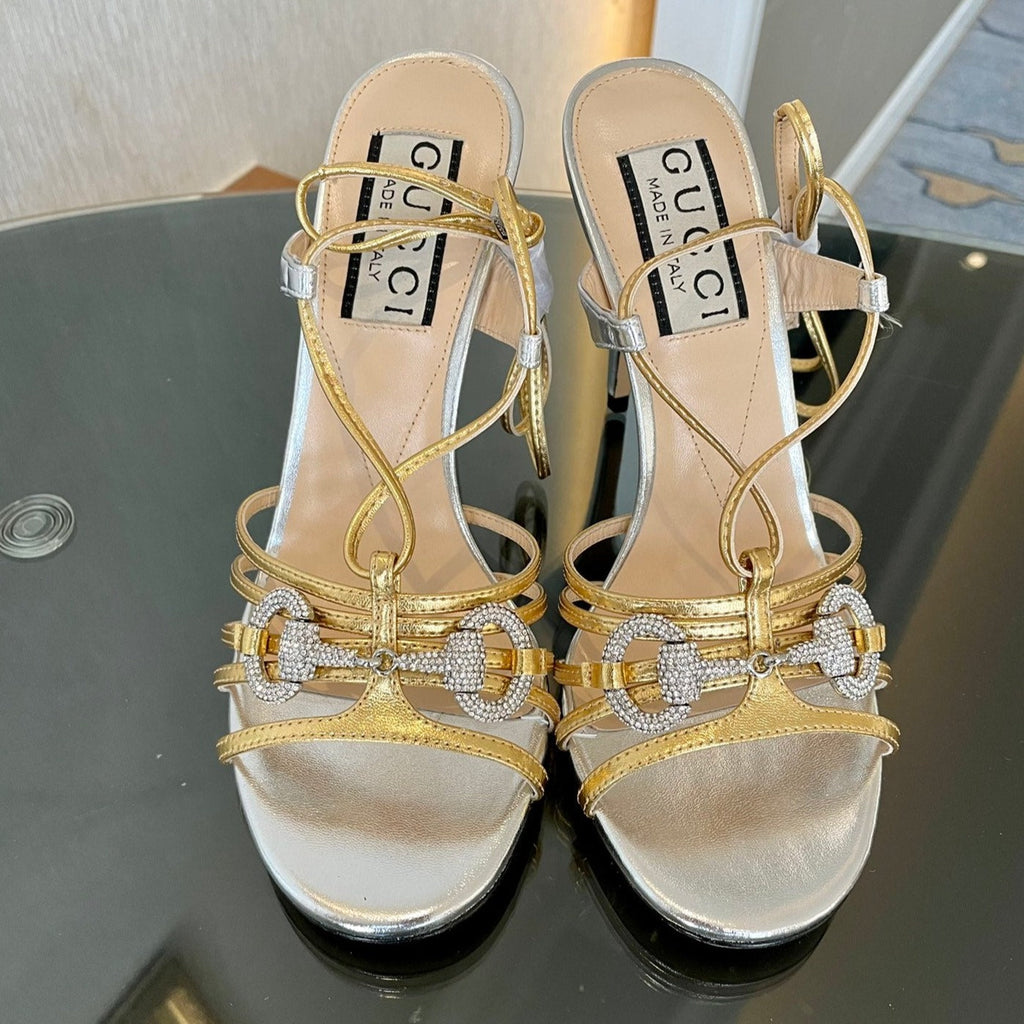 GUCCI CRYSTAL HORSEBIT SANDAL SIVER LAMBSKIN