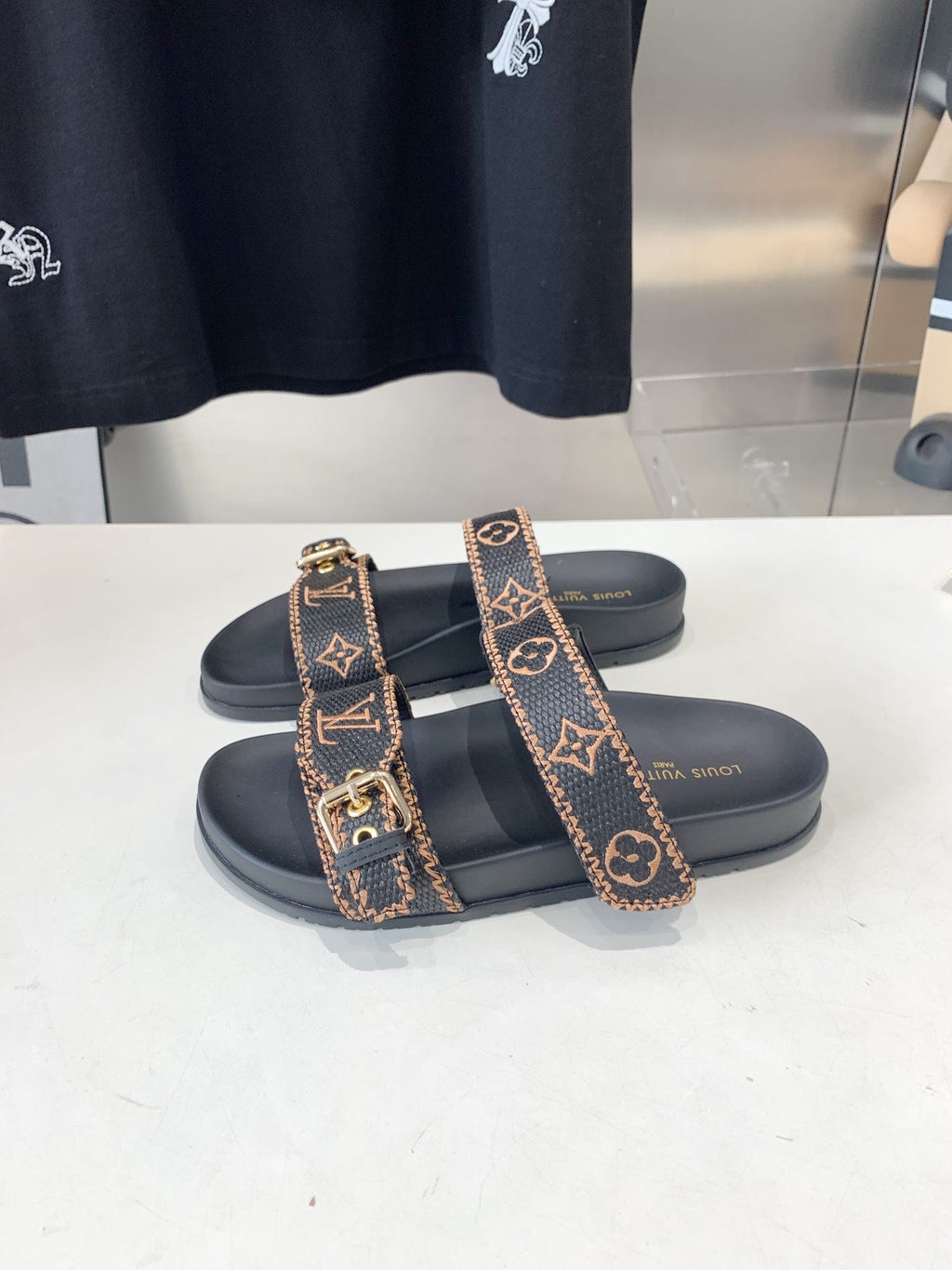 LOUIS VUITTON LV WOMEN SUNSET DAD SANDAL IN BLACK MONOGRAM FABRIC MULE