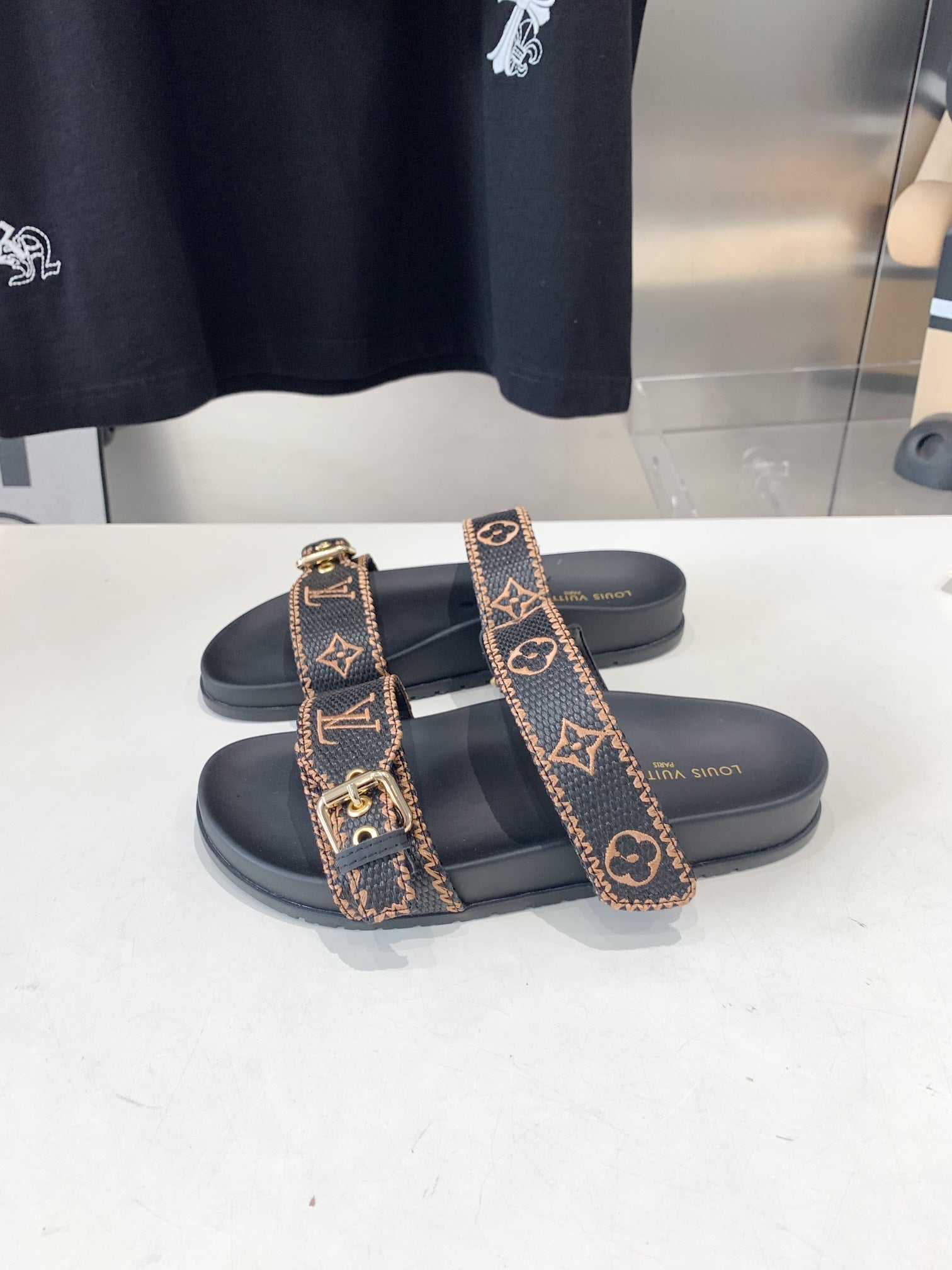 LOUIS VUITTON LV WOMEN SUNSET DAD SANDAL IN BLACK MONOGRAM FABRIC MULE