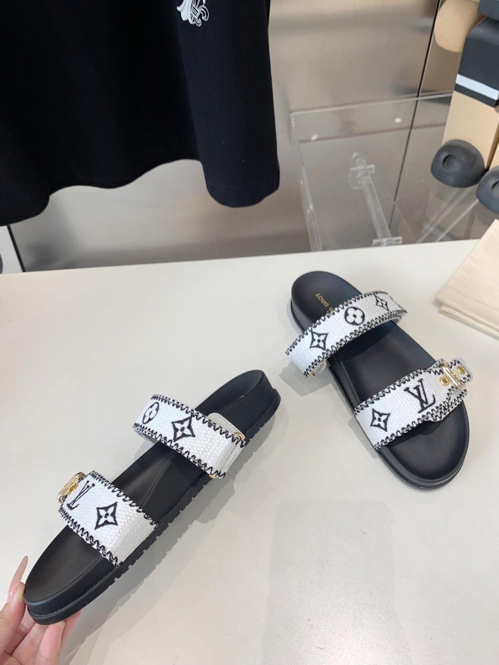 LOUIS VUITTON LV WOMEN SUNSET DAD SANDAL IN WHITE MIX BLACK MONOGRAM FABRIC MULE