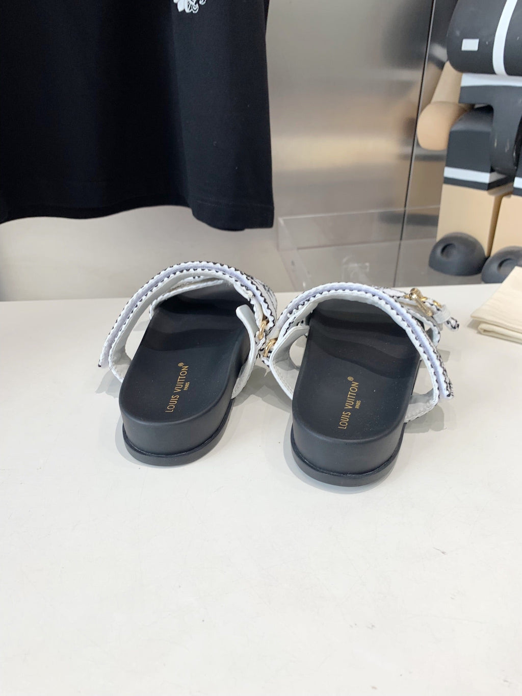 LOUIS VUITTON LV WOMEN SUNSET DAD SANDAL IN WHITE MIX BLACK MONOGRAM FABRIC MULE