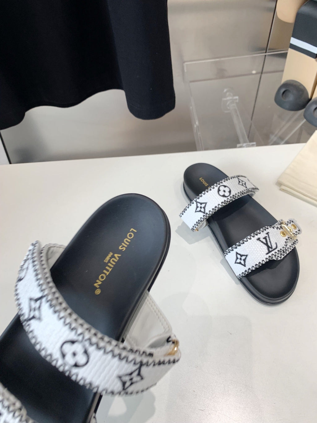 LOUIS VUITTON LV WOMEN SUNSET DAD SANDAL IN WHITE MIX BLACK MONOGRAM FABRIC MULE
