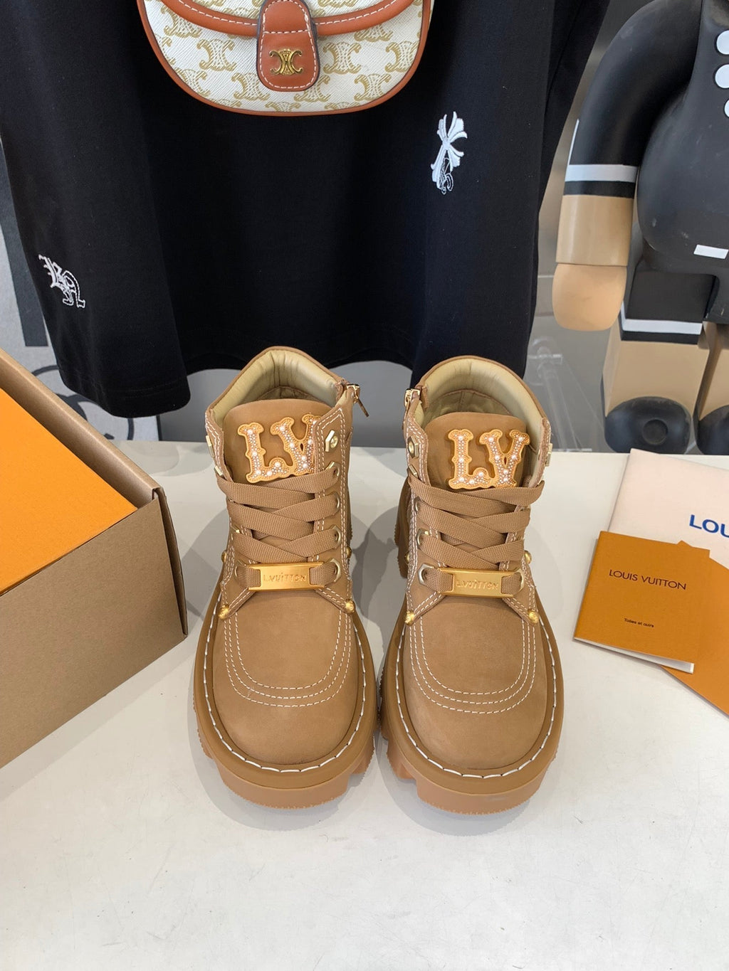 LOUIS VUITTON LV CHECKER ANKLE BOOT IN COPPER BROWN SUEDE