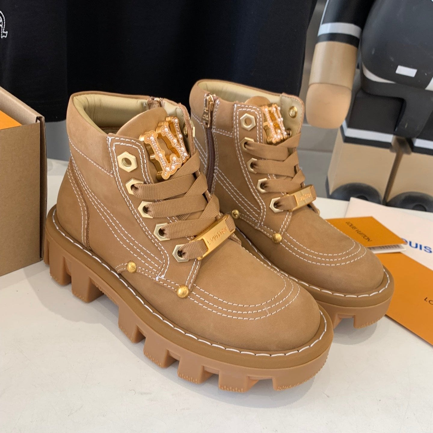 LOUIS VUITTON LV CHECKER ANKLE BOOT IN COPPER BROWN SUEDE