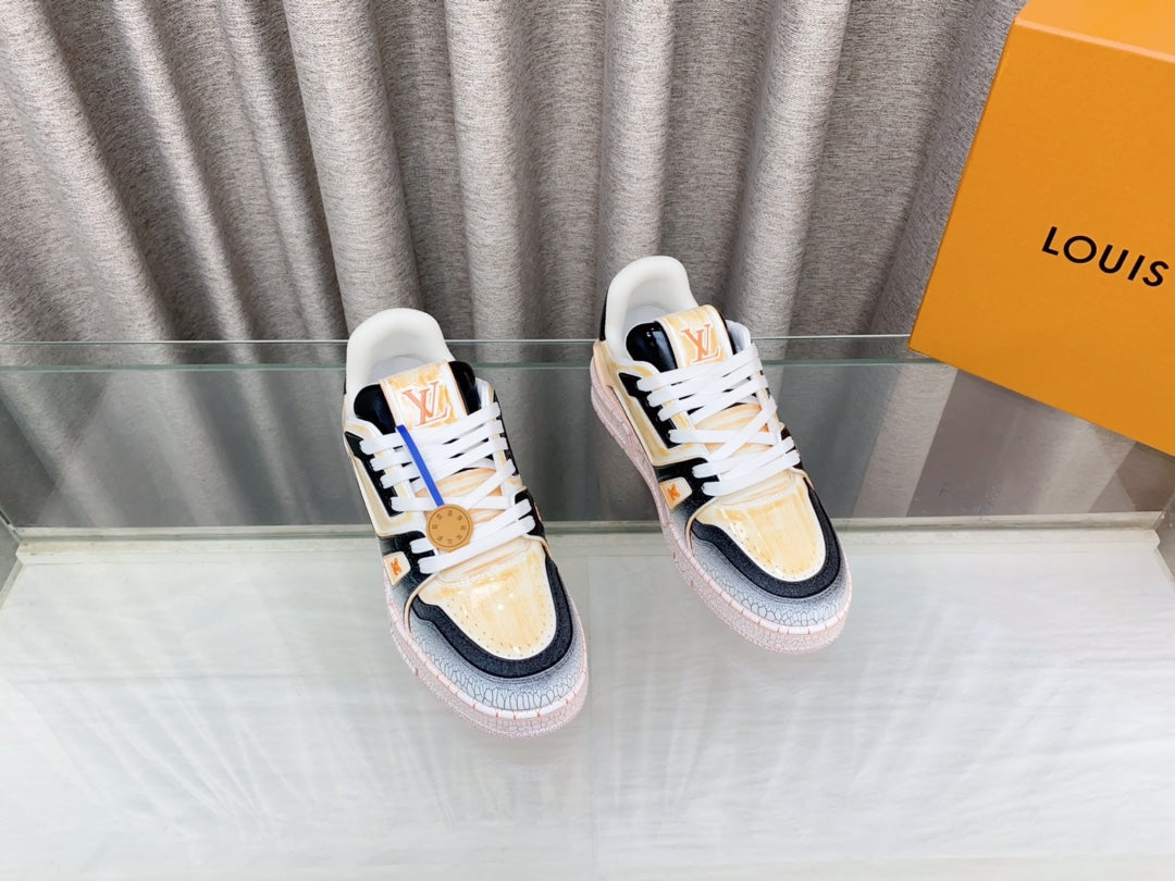 LOUIS VUITTON LV TRAINER SNEAKERS IN LIGHT ORANGE OMBRE MIX COLORFUL CALFSKIN
