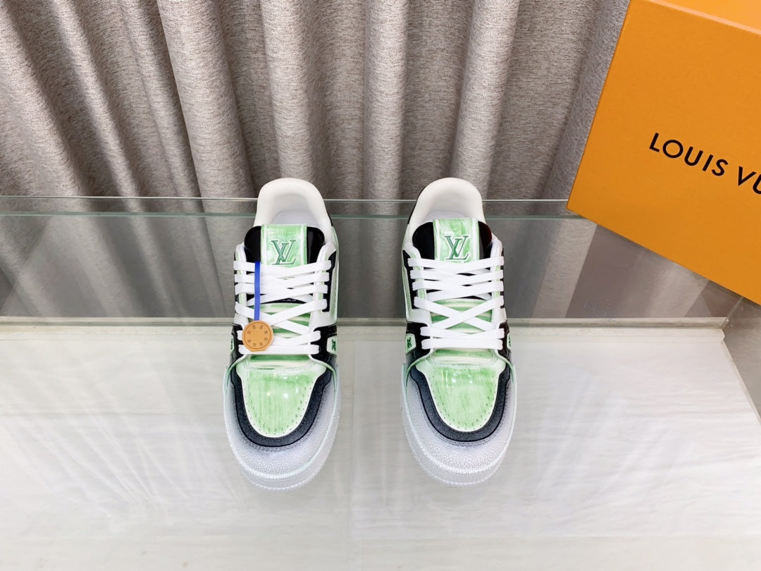 LOUIS VUITTON LV TRAINER SNEAKERS IN LIGHT GREEN OMBRE MIX COLORFUL CALFSKIN