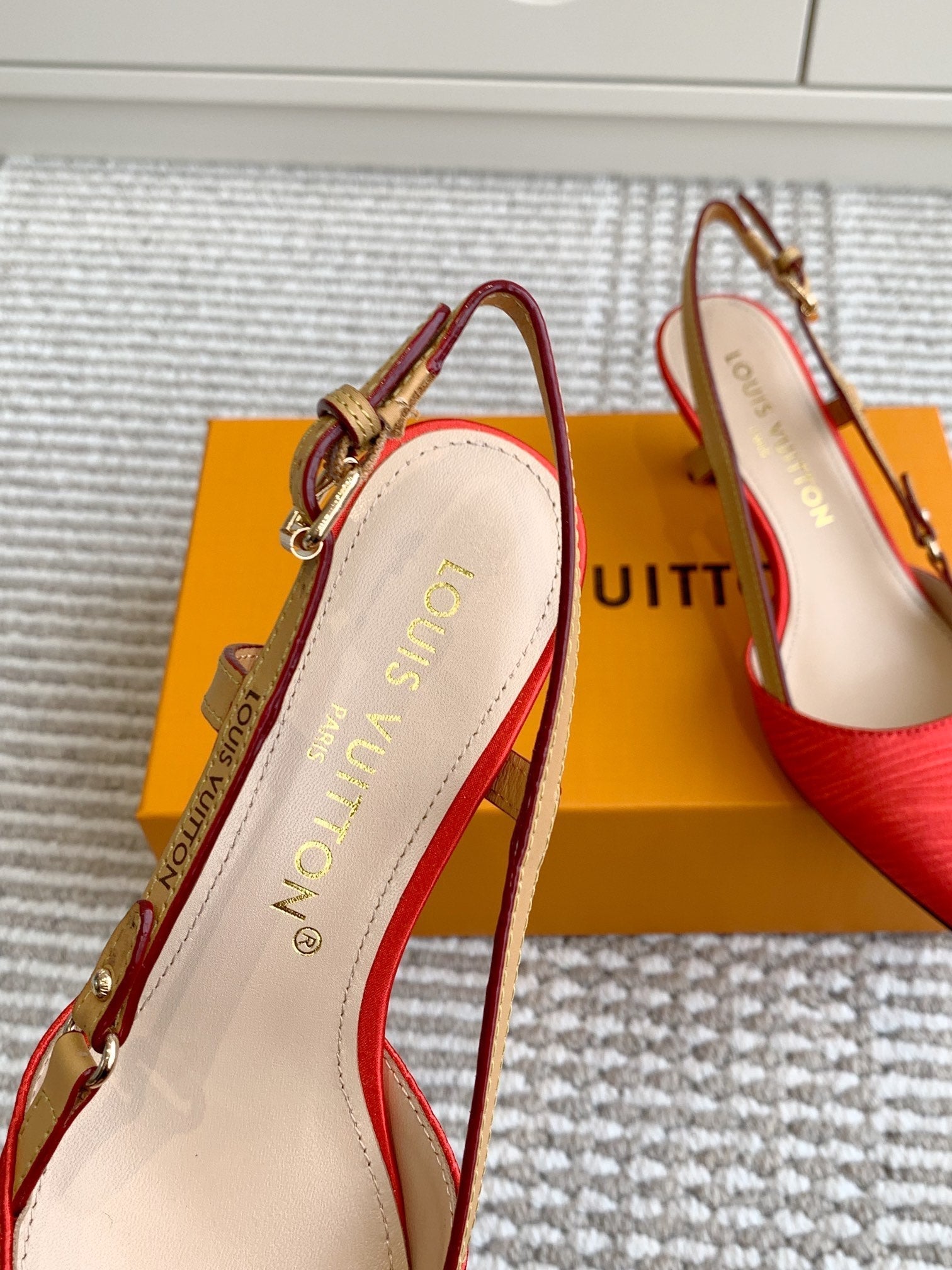 LOUIS VUITTON BLOSSOM SLINGBACKS 55 MM IN CHERRY RED IMPORTED STRIPED SILK SATIN