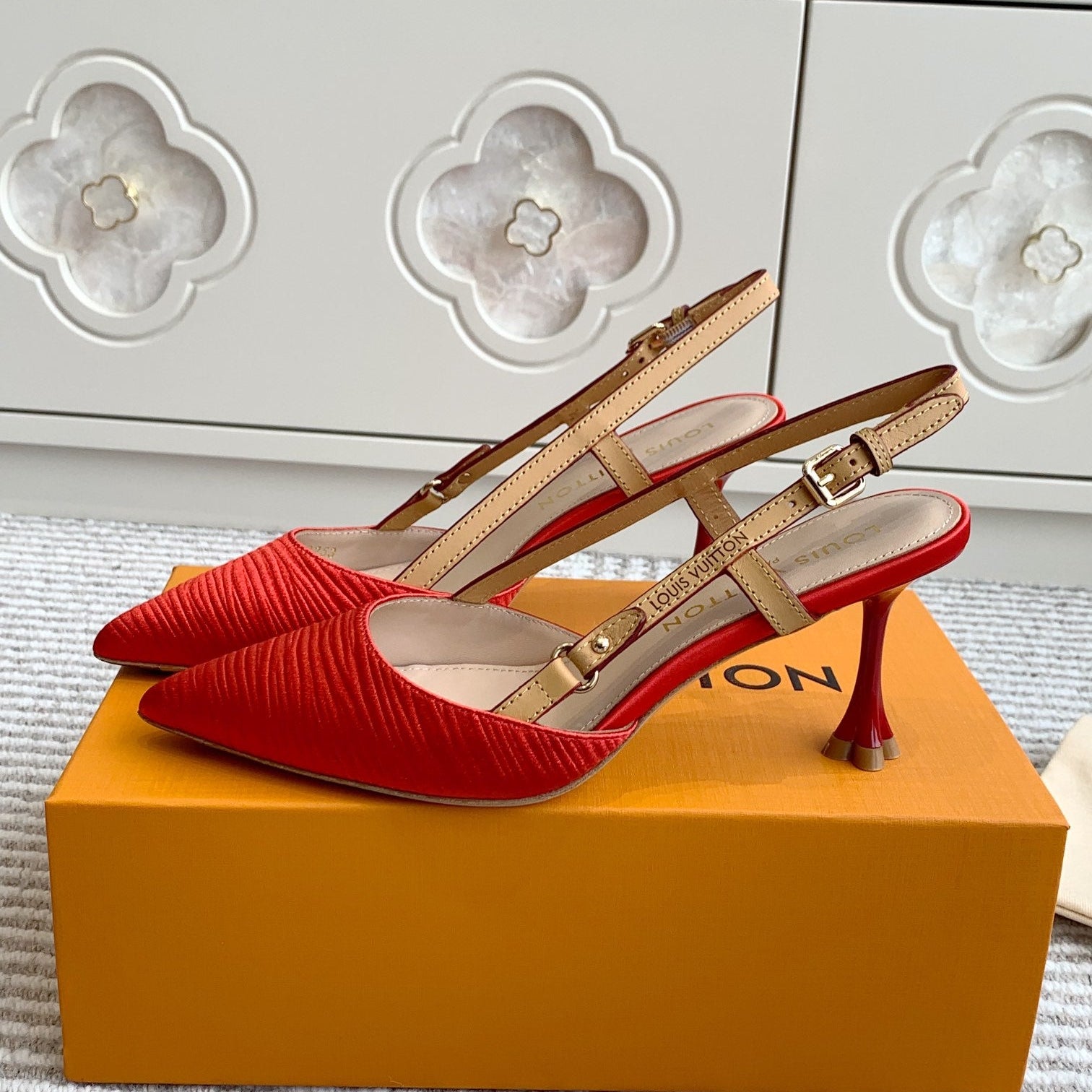 LOUIS VUITTON BLOSSOM SLINGBACKS 75 MM IN CHERRY RED IMPORTED STRIPED SILK SATIN