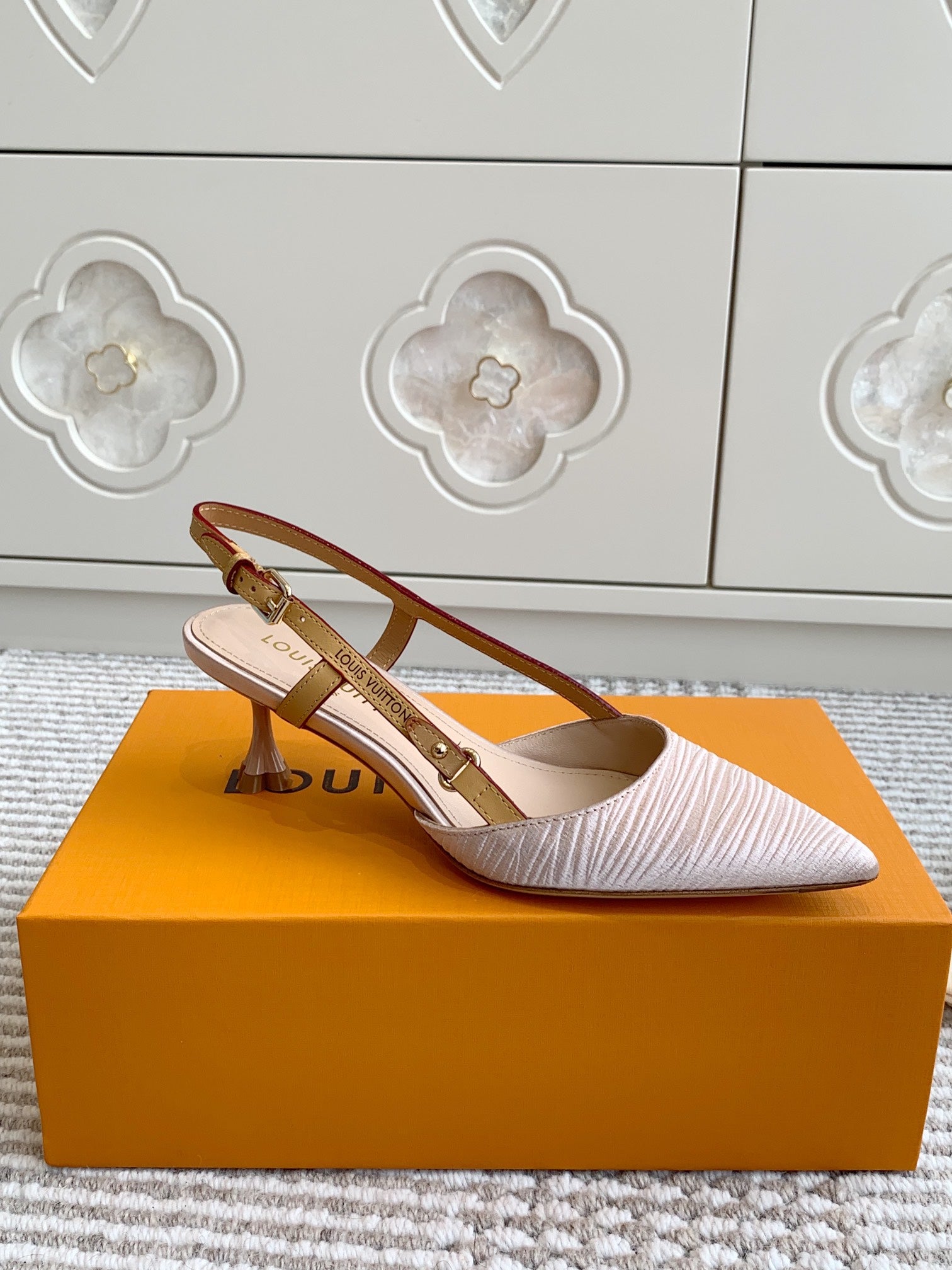 LOUIS VUITTON BLOSSOM SLINGBACKS 55 MM IN LIGHT PINK IMPORTED STRIPED SILK SATIN