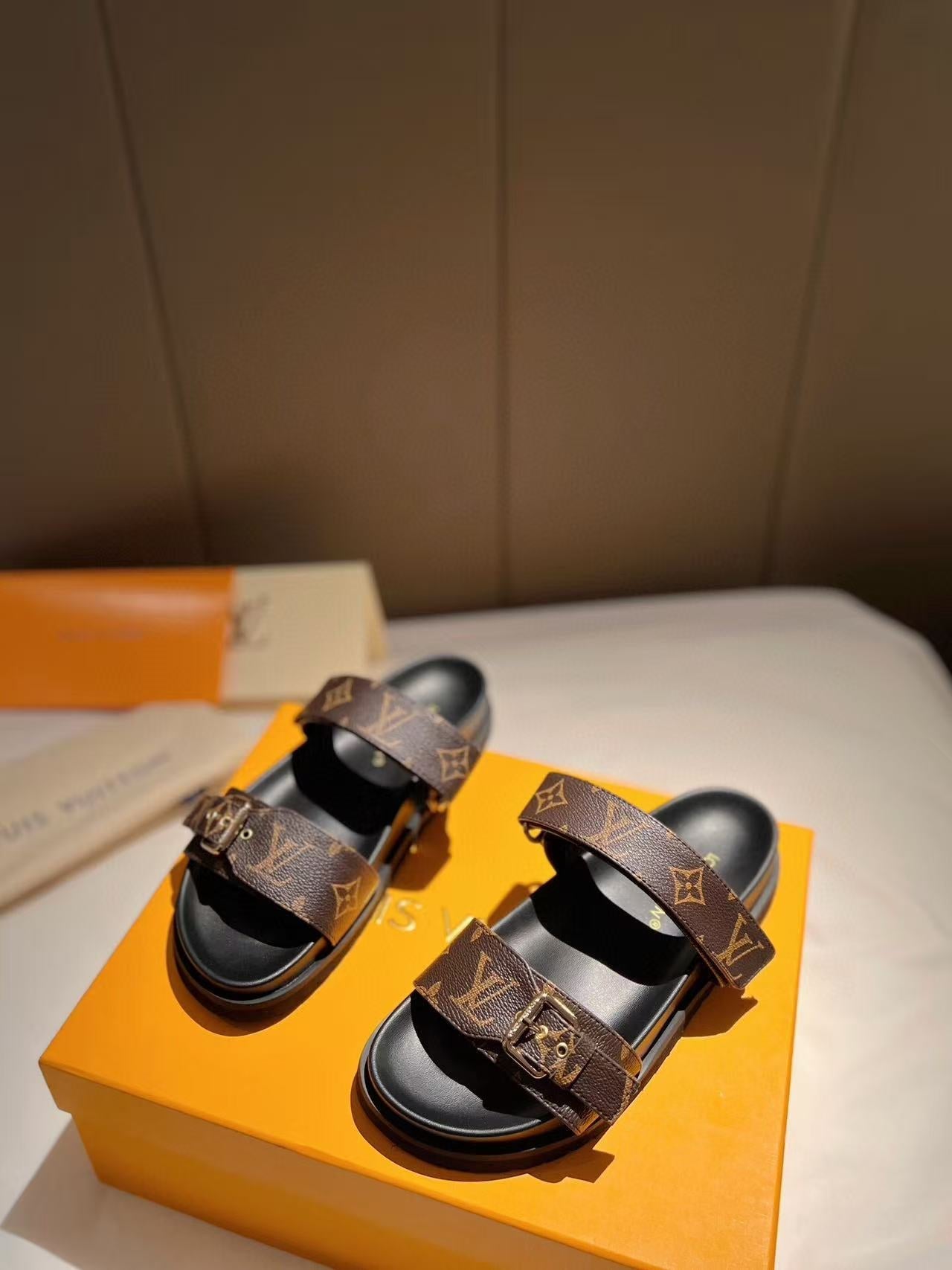 LOUIS VUITTON LV GOLD BUCKLE SANDALS IN BROWN MONOGRAM CANVAS