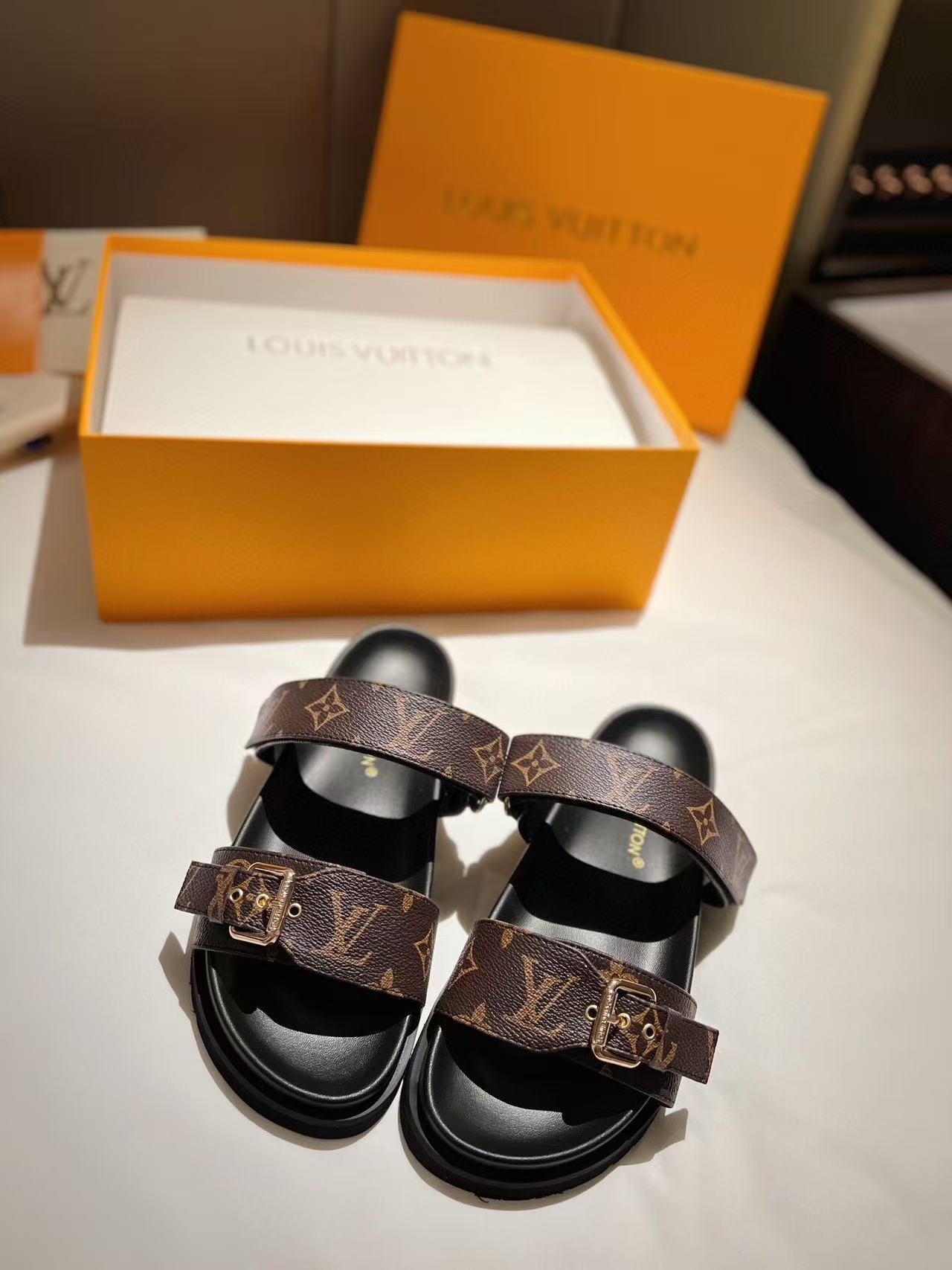 LOUIS VUITTON LV GOLD BUCKLE SANDALS IN BROWN MONOGRAM CANVAS