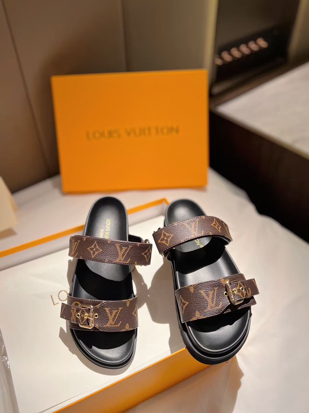 LOUIS VUITTON LV GOLD BUCKLE SANDALS IN BROWN MONOGRAM CANVAS