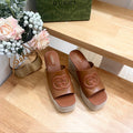 GUCCI HIGH 10CM WEDGE SANDALS IN RUSSET BROWN SHEEPSKIN