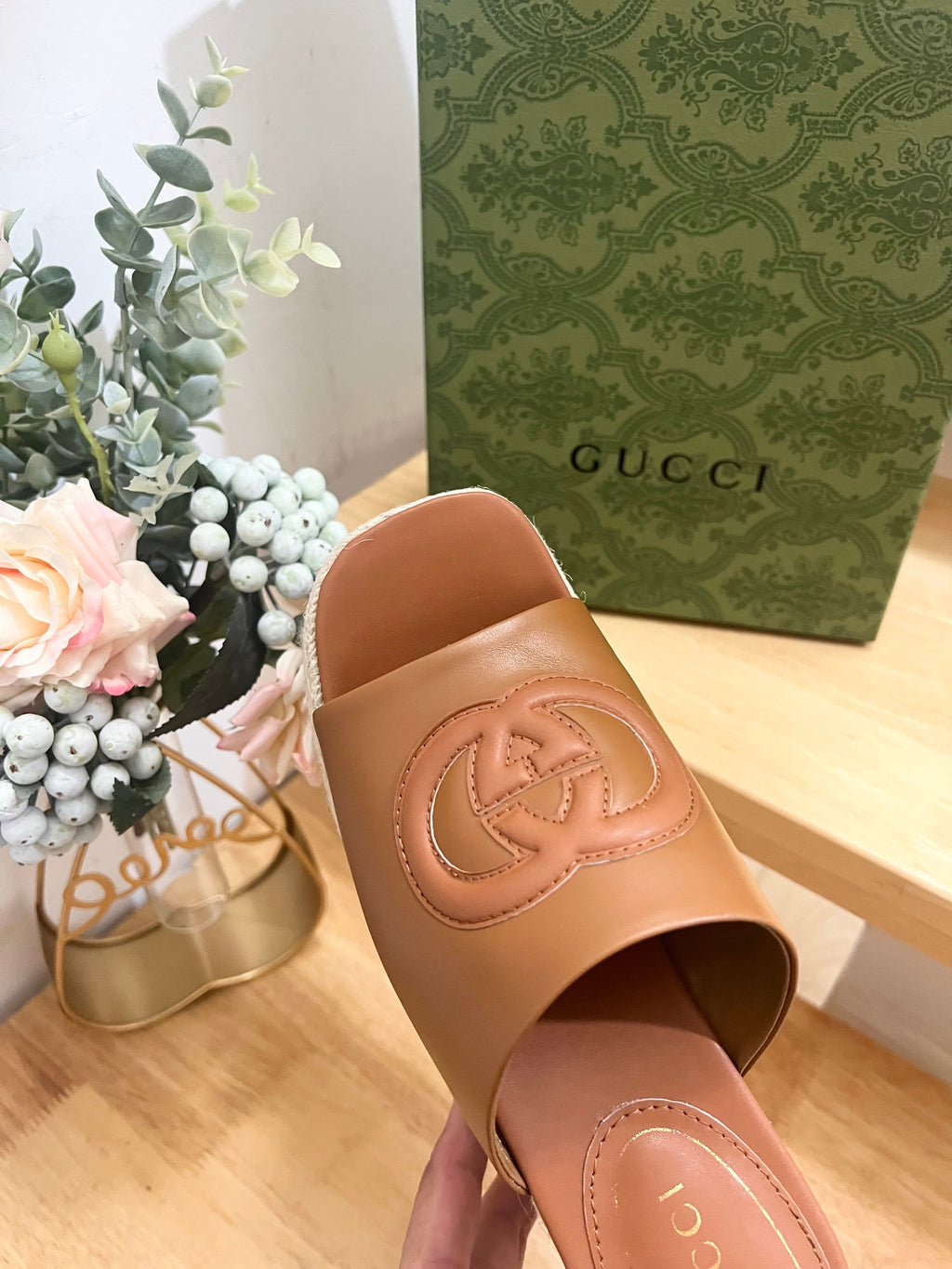 GUCCI HIGH 10CM WEDGE SANDALS IN RUSSET BROWN SHEEPSKIN