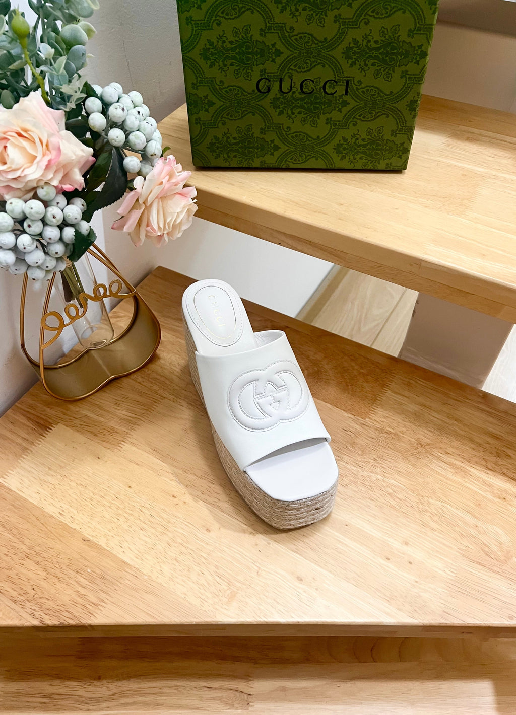 GUCCI HIGH 10CM WEDGE SANDALS IN WHITE SHEEPSKIN