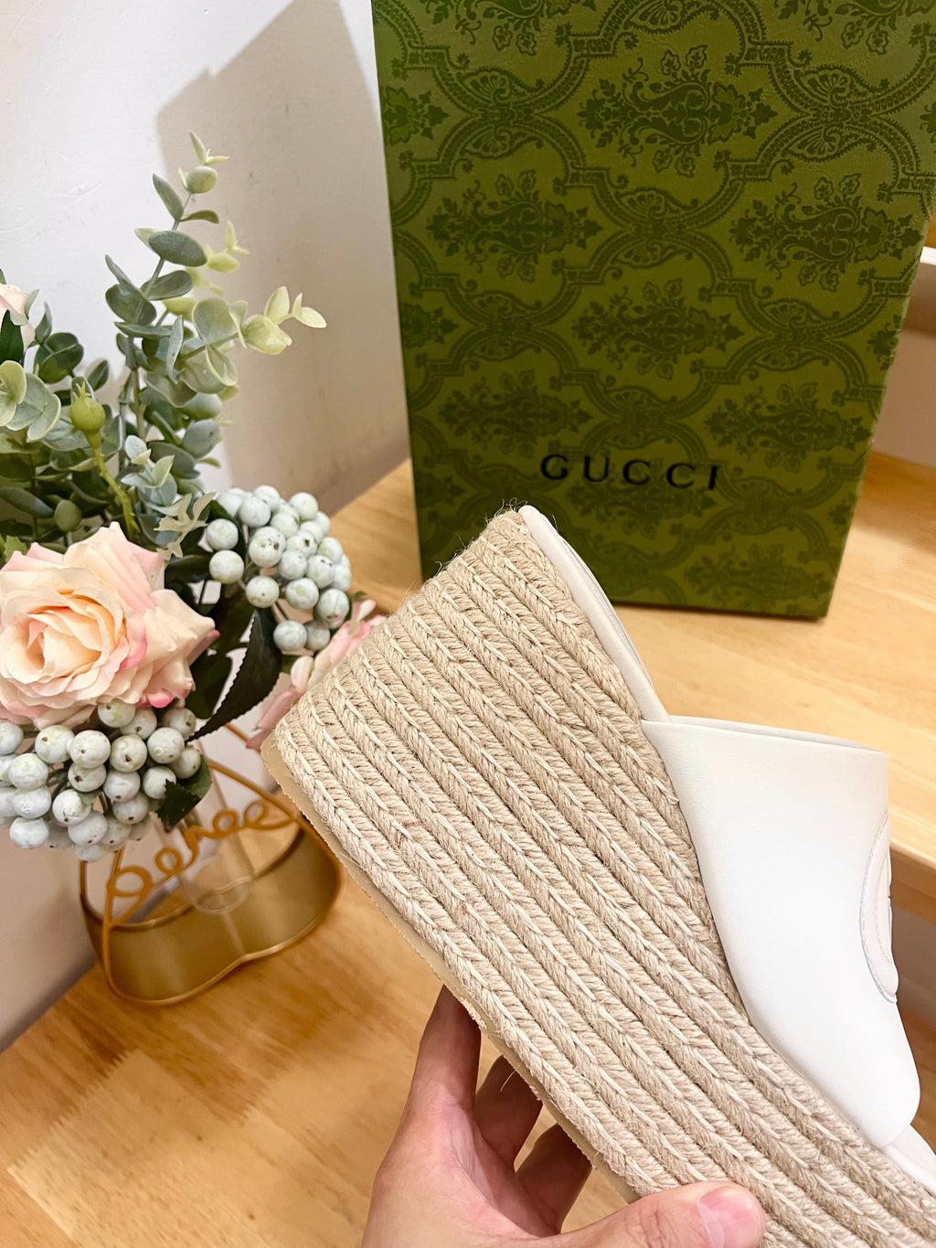 GUCCI HIGH 10CM WEDGE SANDALS IN WHITE SHEEPSKIN