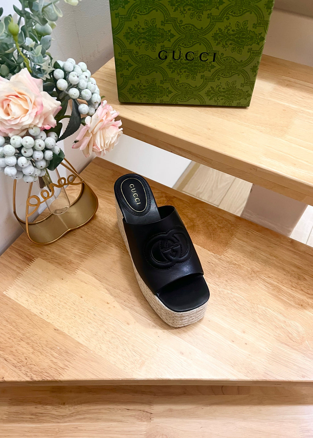 GUCCI HIGH 10CM WEDGE SANDALS IN BLACK SHEEPSKIN