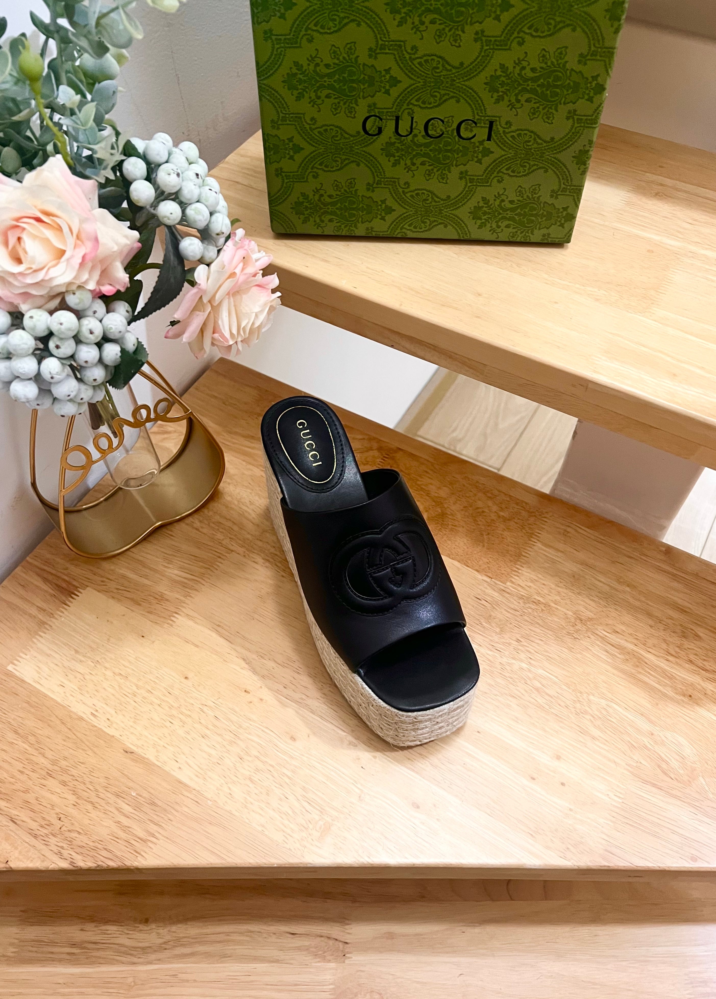 GUCCI HIGH 10CM WEDGE SANDALS IN BLACK SHEEPSKIN