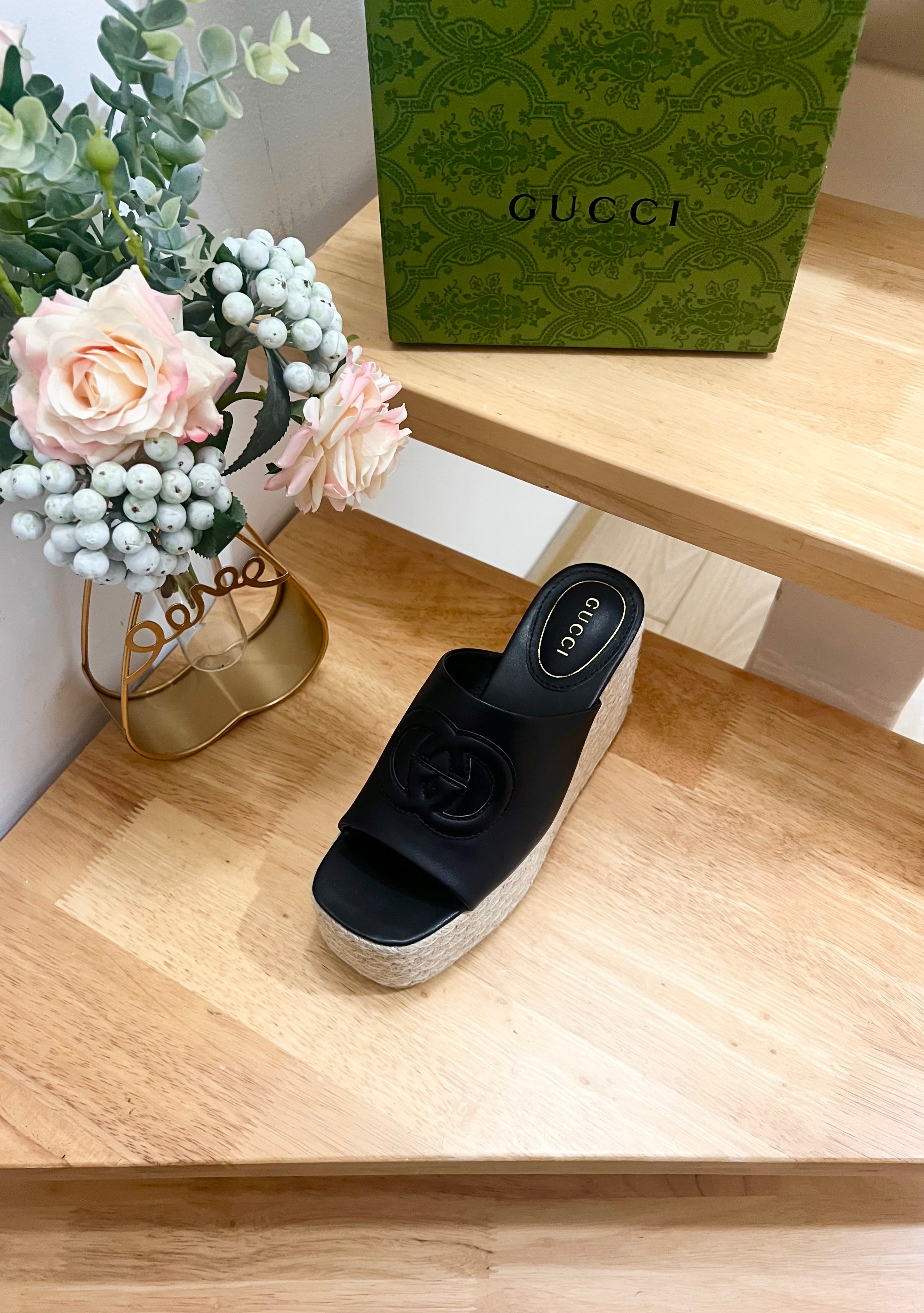 GUCCI HIGH 10CM WEDGE SANDALS IN BLACK SHEEPSKIN