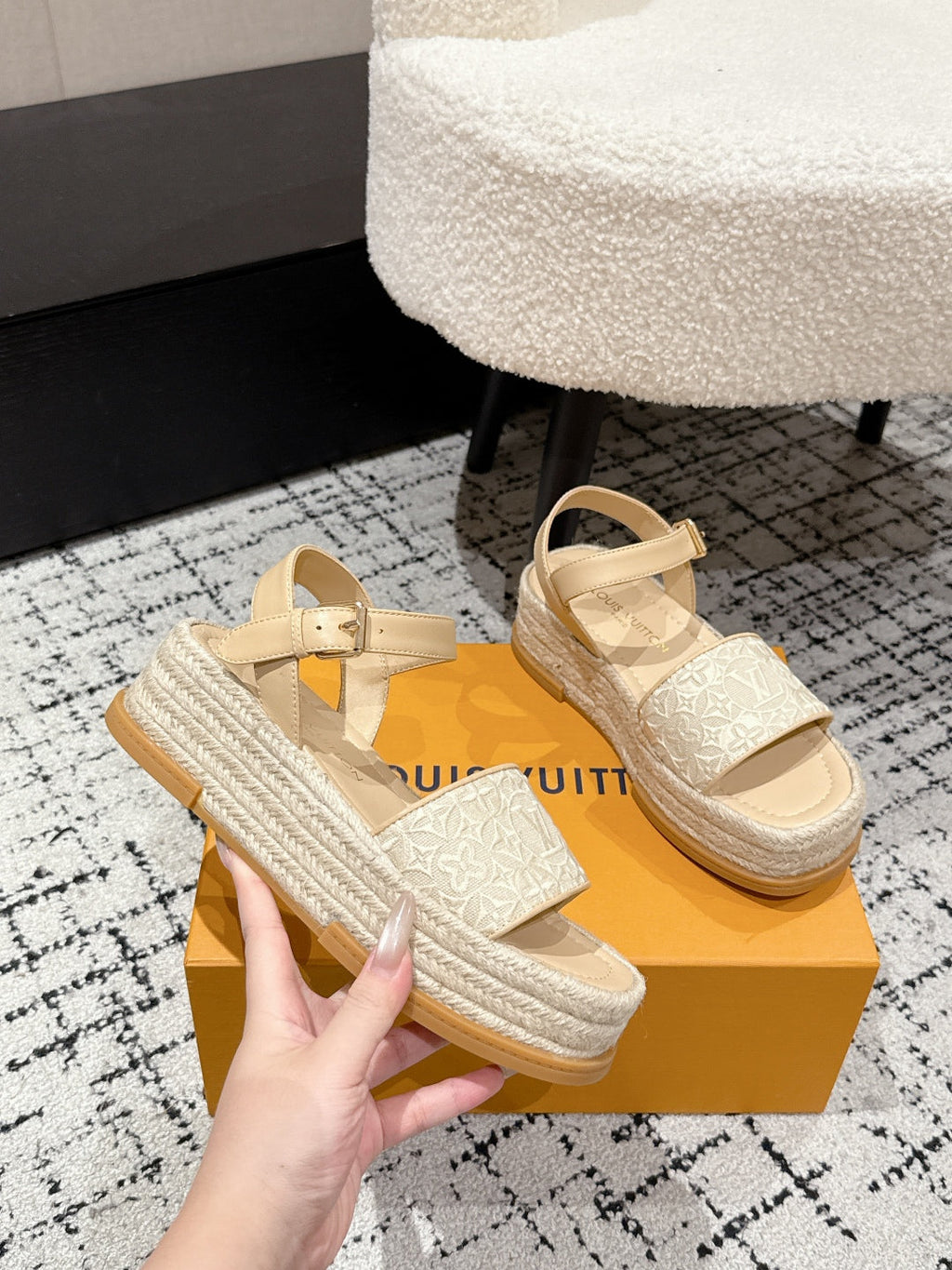 LOUIS VUITTON LV PLATFORM ESPADRILLE SANDALS 25S IN BEIGE FABRIC
