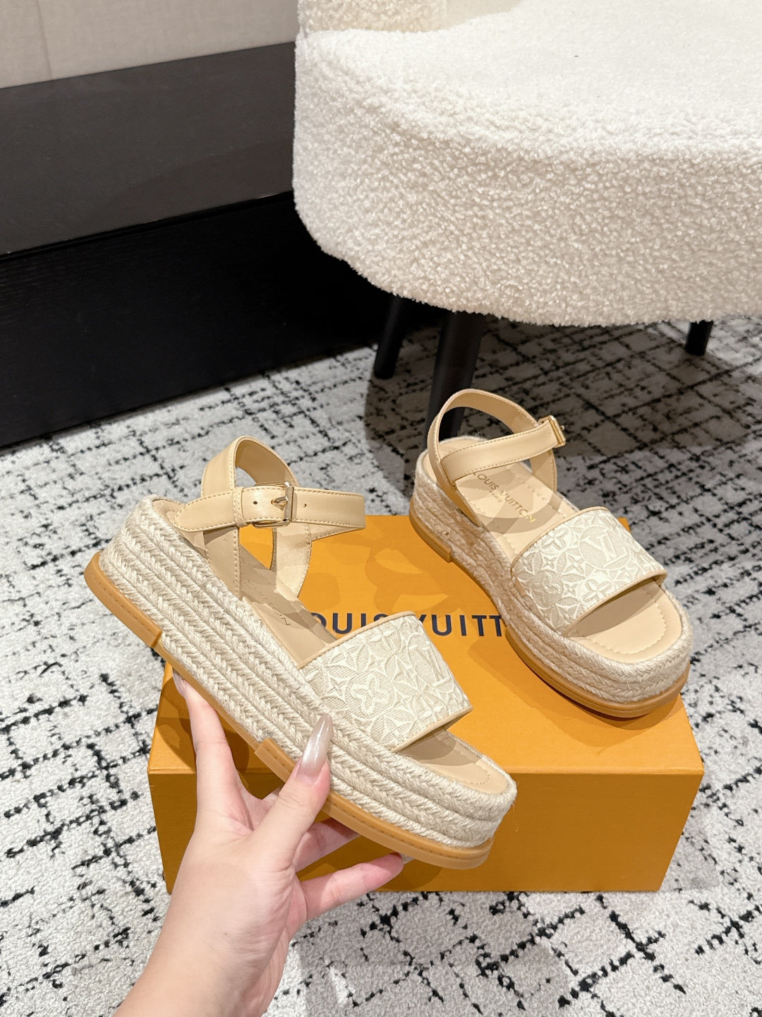 LOUIS VUITTON LV PLATFORM ESPADRILLE SANDALS 25S IN BEIGE FABRIC