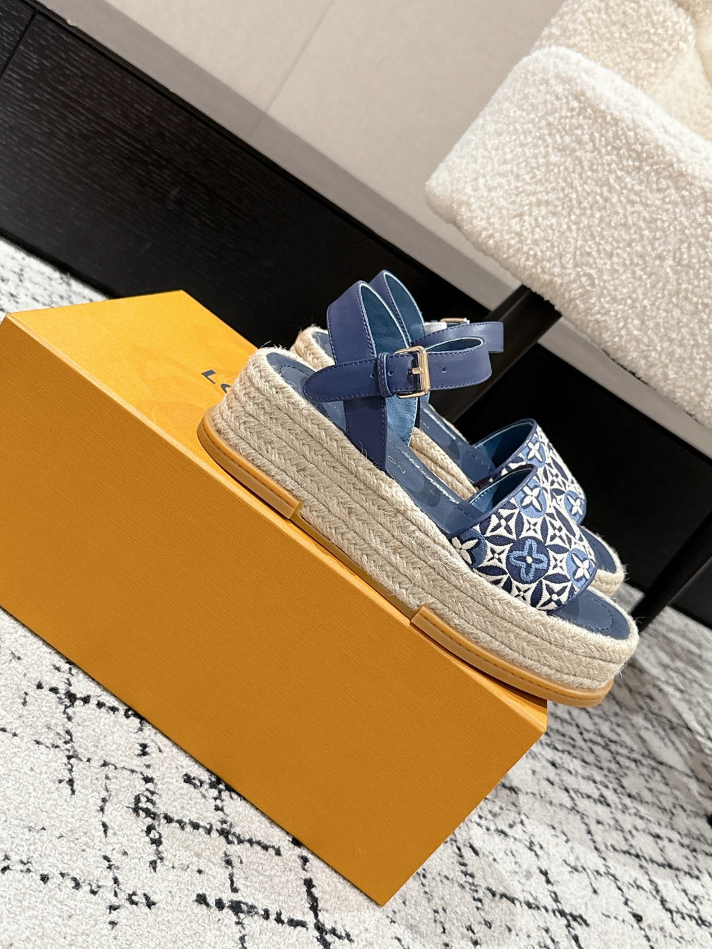 LOUIS VUITTON LV PLATFORM ESPADRILLE SANDALS 25S IN DARK BLUE FABRIC