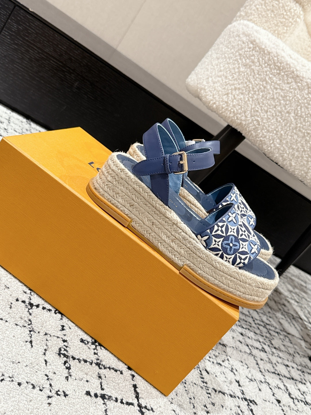 LOUIS VUITTON LV PLATFORM ESPADRILLE SANDALS 25S IN DARK BLUE FABRIC