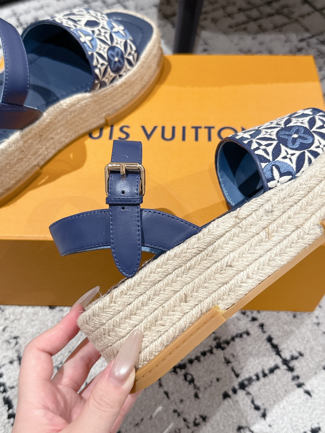 LOUIS VUITTON LV PLATFORM ESPADRILLE SANDALS 25S IN DARK BLUE FABRIC