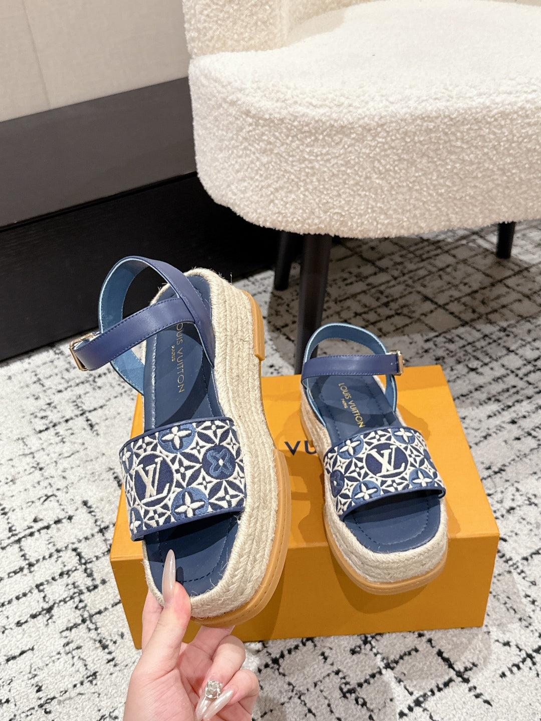 LOUIS VUITTON LV PLATFORM ESPADRILLE SANDALS 25S IN DARK BLUE FABRIC