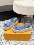LOUIS VUITTON LV PLATFORM ESPADRILLE SANDALS 25S IN BLUE DENIM