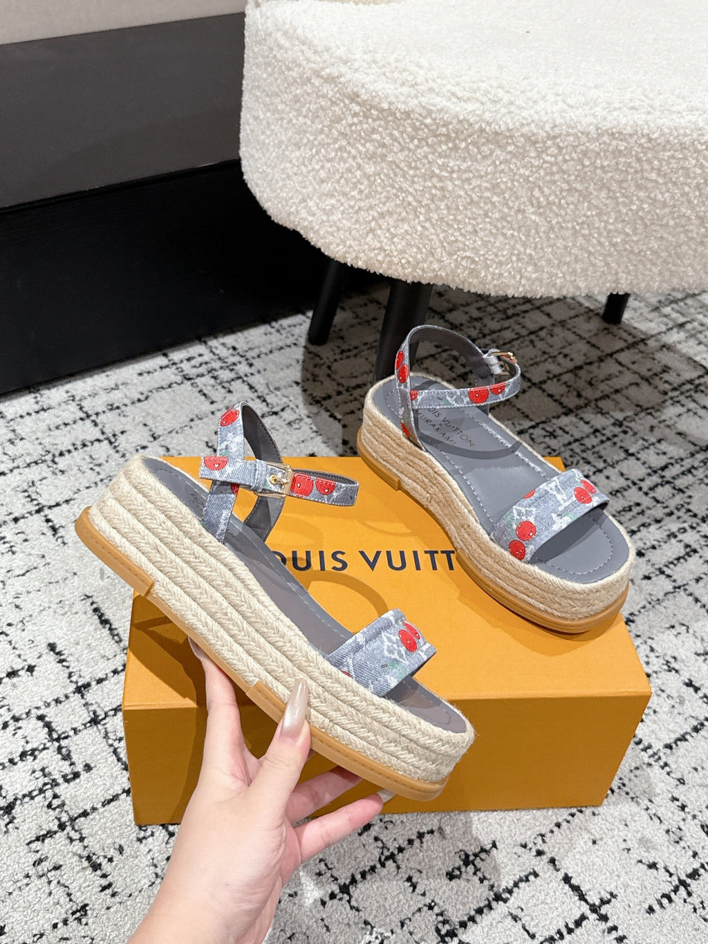 LOUIS VUITTON LV PLATFORM ESPADRILLE SANDALS 25S IN GREY DENIM