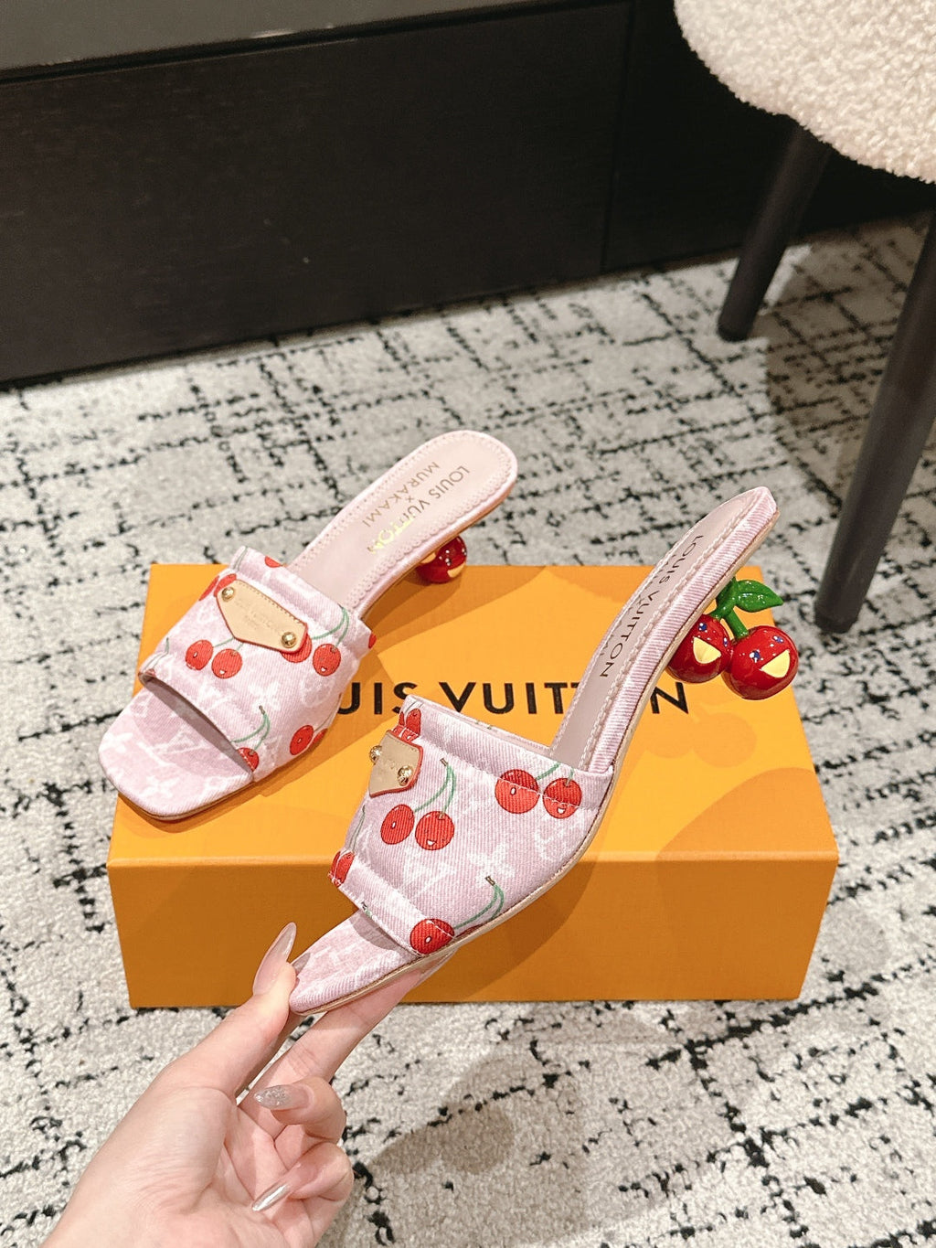 LOUIS VUITTON LV CHERRY HIGH HEELS 25S 55 MM IN LIGHT PINK DENIM STYLE 8