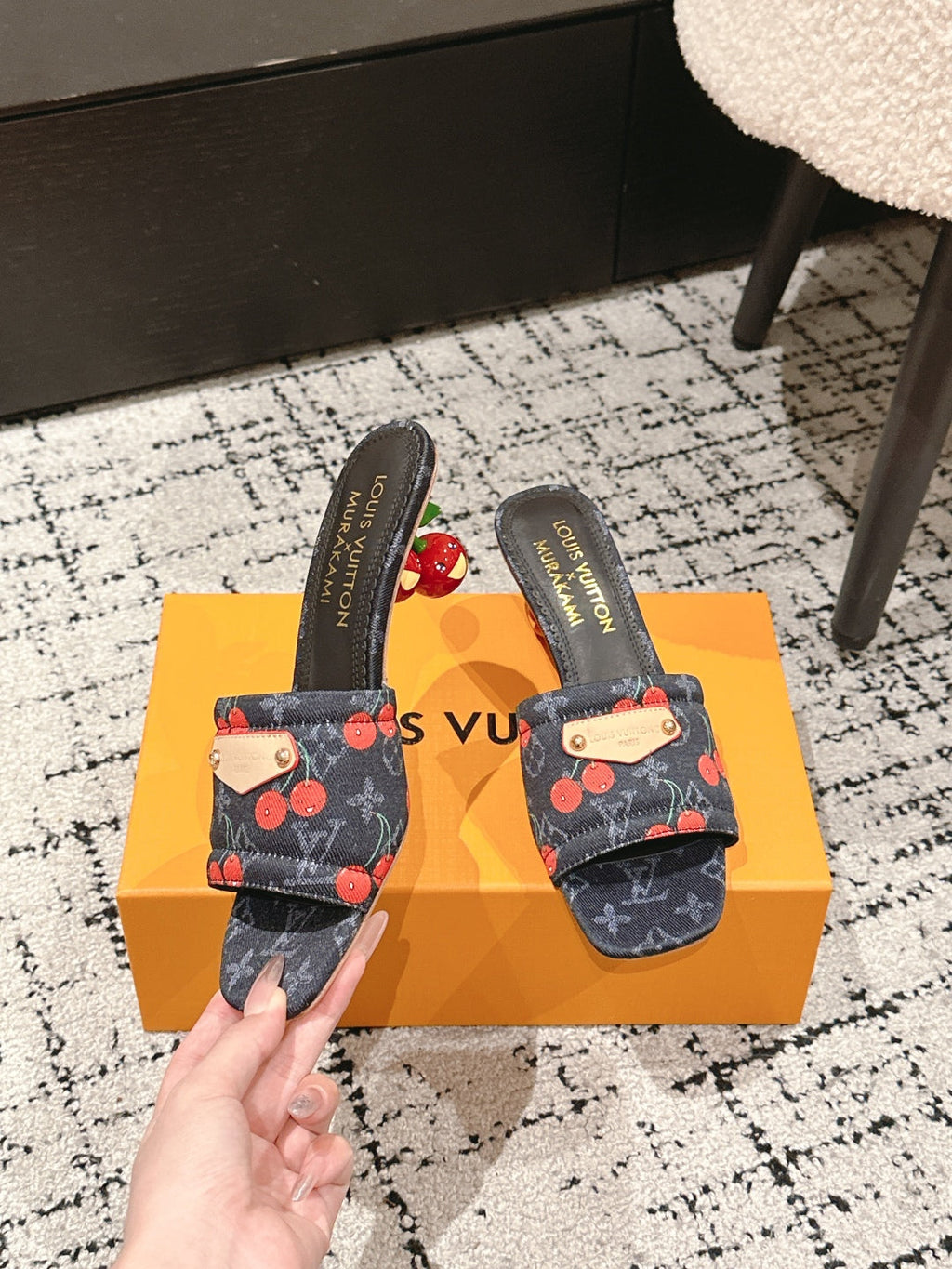 LOUIS VUITTON LV CHERRY HIGH HEELS 25S 55 MM IN CHARCOAL BLACK DENIM STYLE 10
