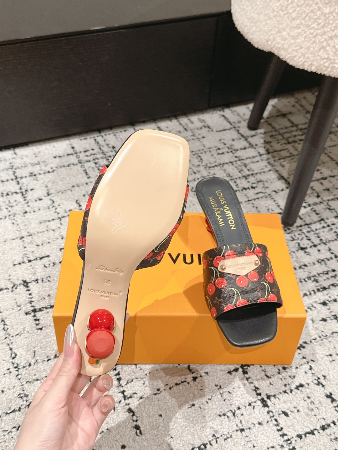 LOUIS VUITTON LV CHERRY HIGH HEELS 25S 55 MM IN DARK BROWN MIX BLACK CALFSKIN STYLE 12