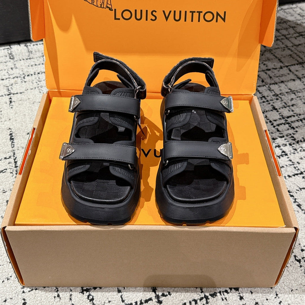 LOUIS VUITTON LV WEDGE SANDALS 25S 55 MM IN BLACK CALFSKIN