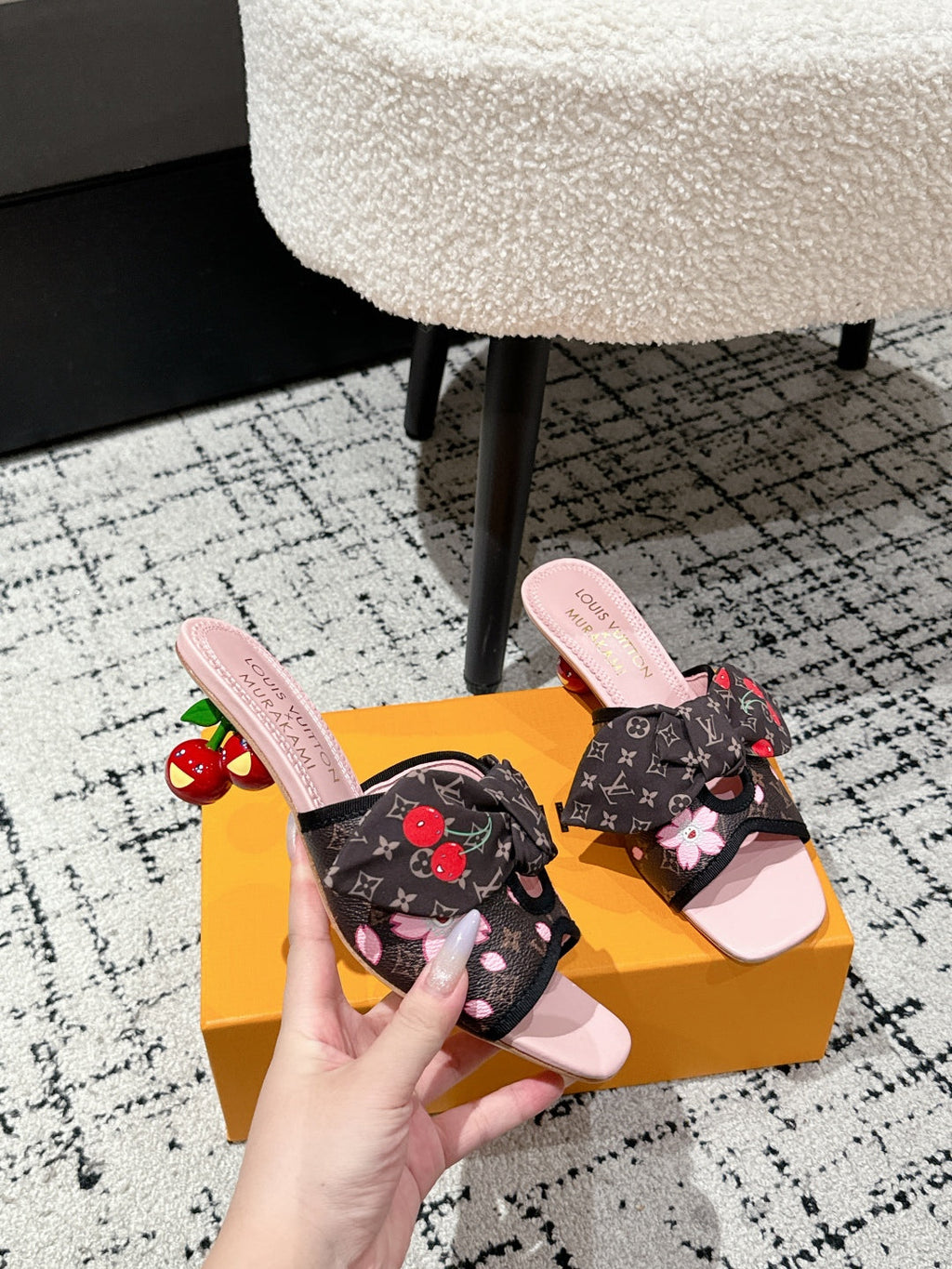 LOUIS VUITTON LV CHERRY HIGH HEELS 25S IN DARK BROWN AND PINK CALFSKIN WITH BOW STYLE 16