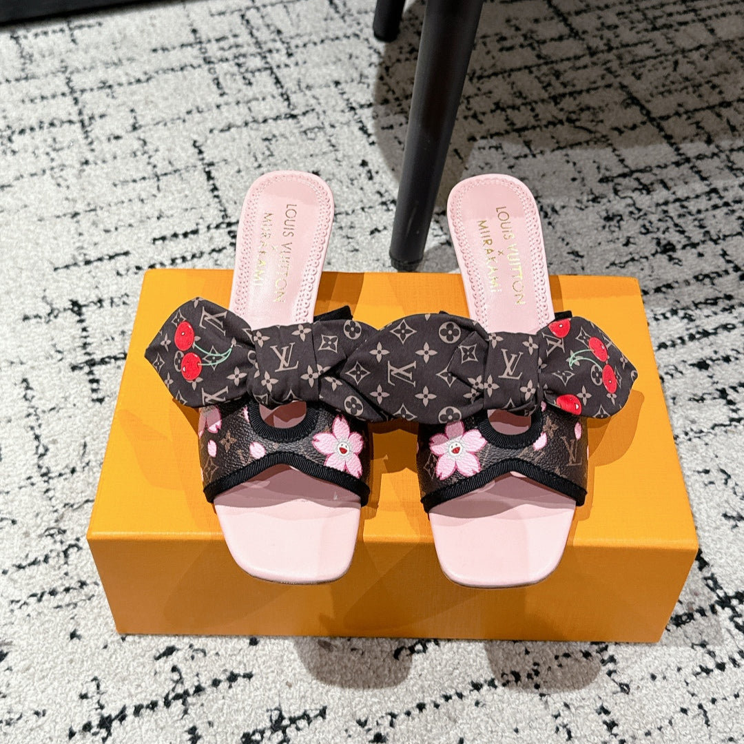 LOUIS VUITTON LV CHERRY HIGH HEELS 25S IN DARK BROWN AND PINK CALFSKIN WITH BOW STYLE 16
