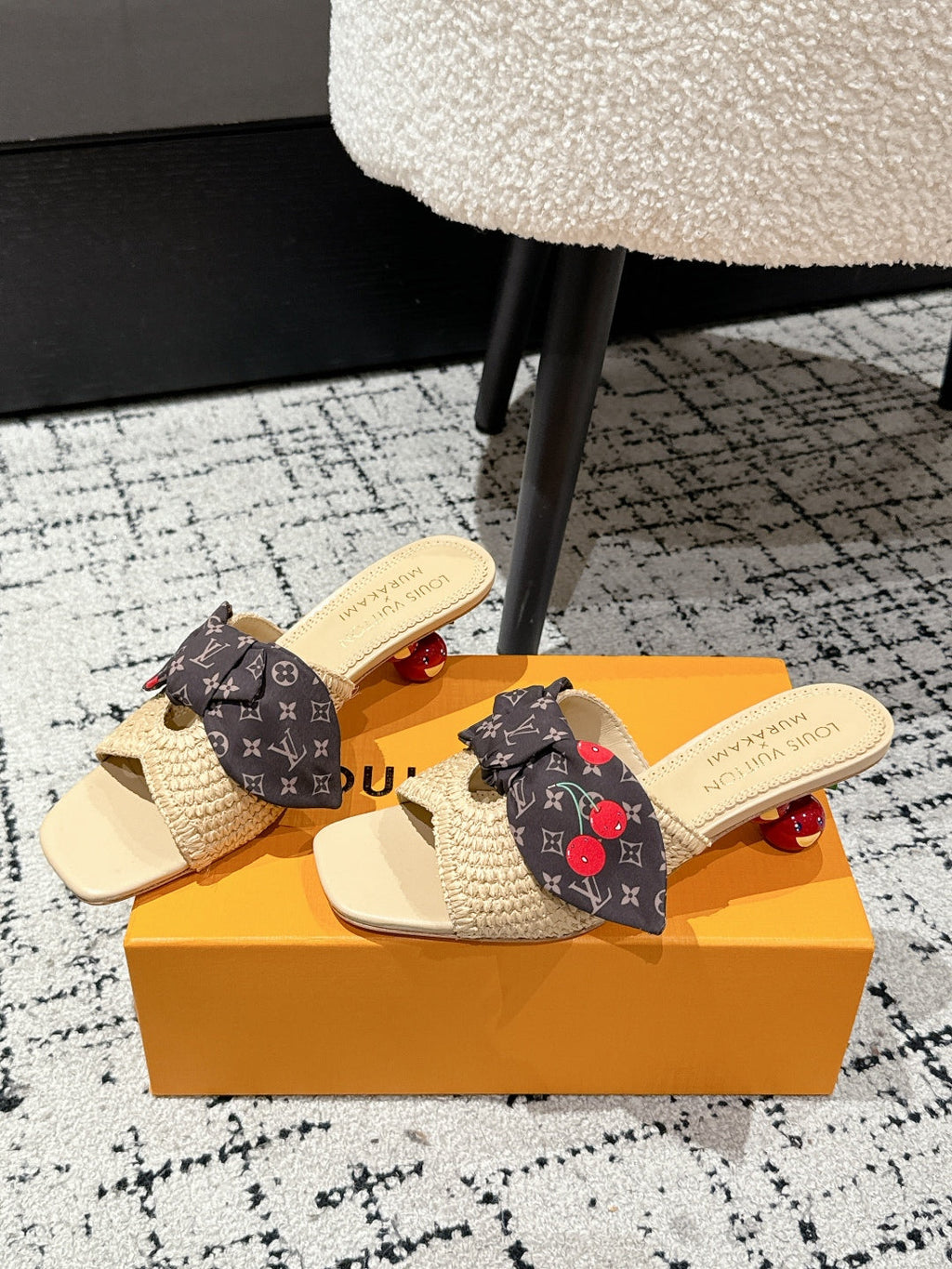 LOUIS VUITTON LV CHERRY HIGH HEELS 25S IN BEIGE RAFFIA WITH BOW STYLE 13