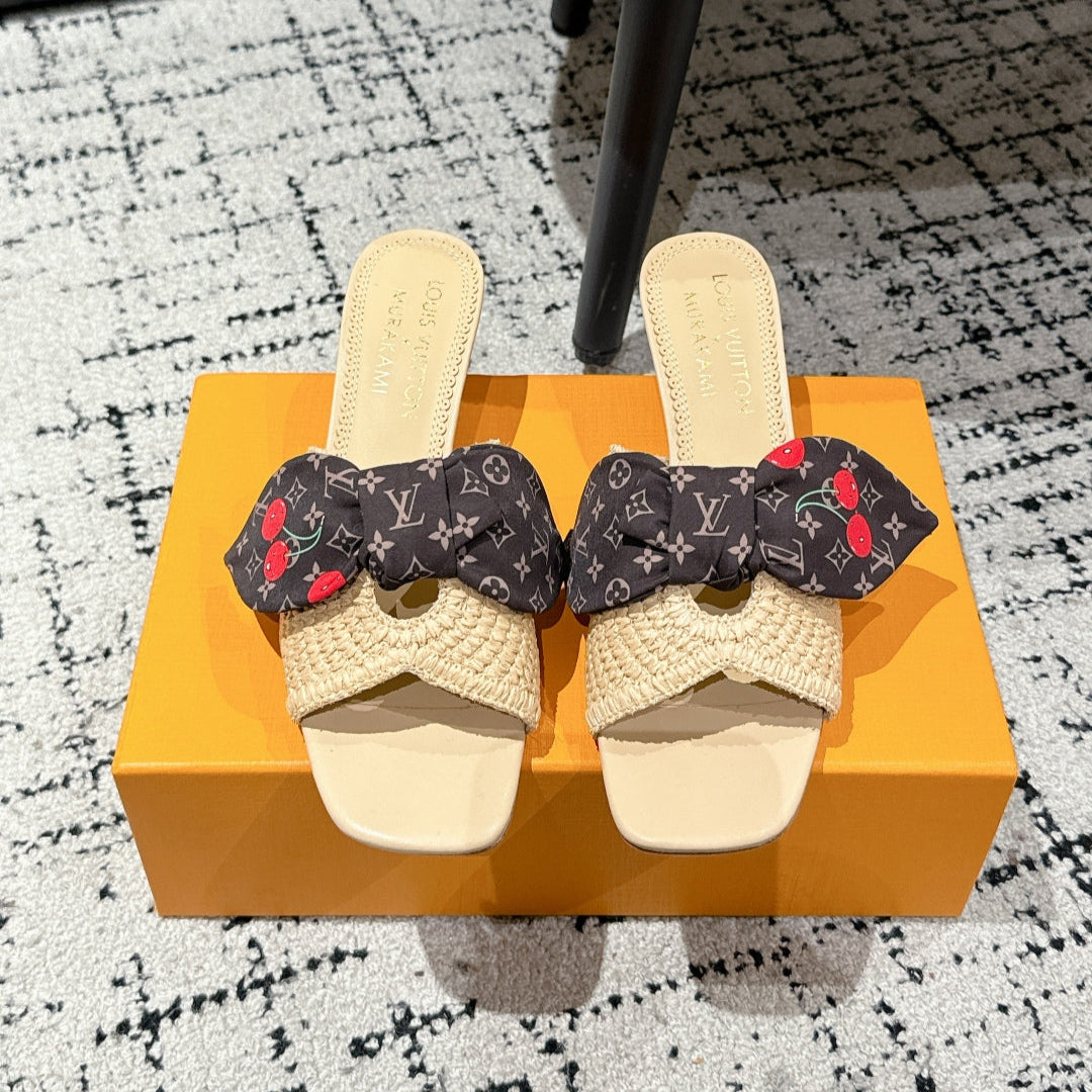 LOUIS VUITTON LV CHERRY HIGH HEELS 25S IN BEIGE RAFFIA WITH BOW STYLE 13